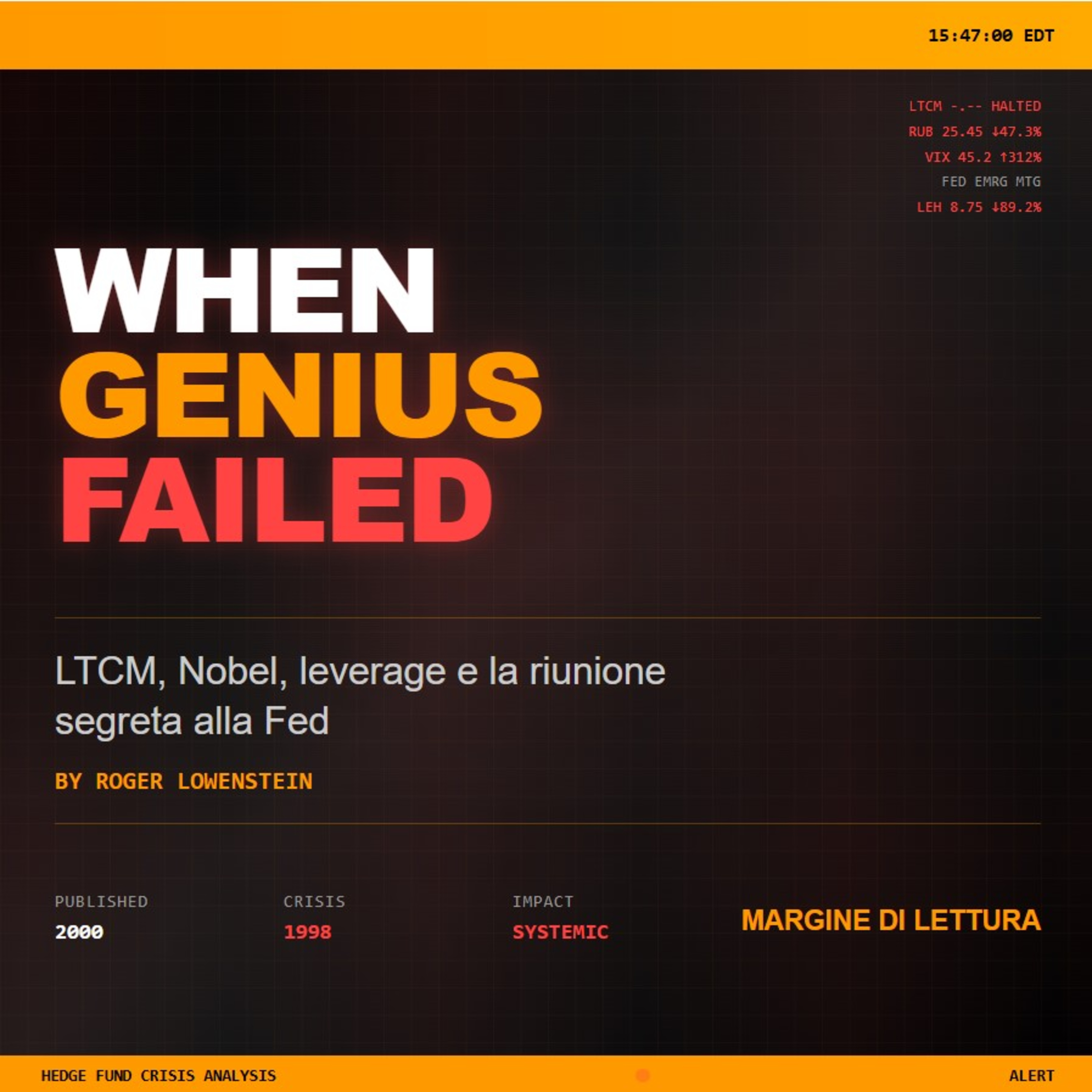 When Genius Failed – LTCM, Nobel, leverage e la riunione segreta alla Fed | Margine di Lettura episode artwork