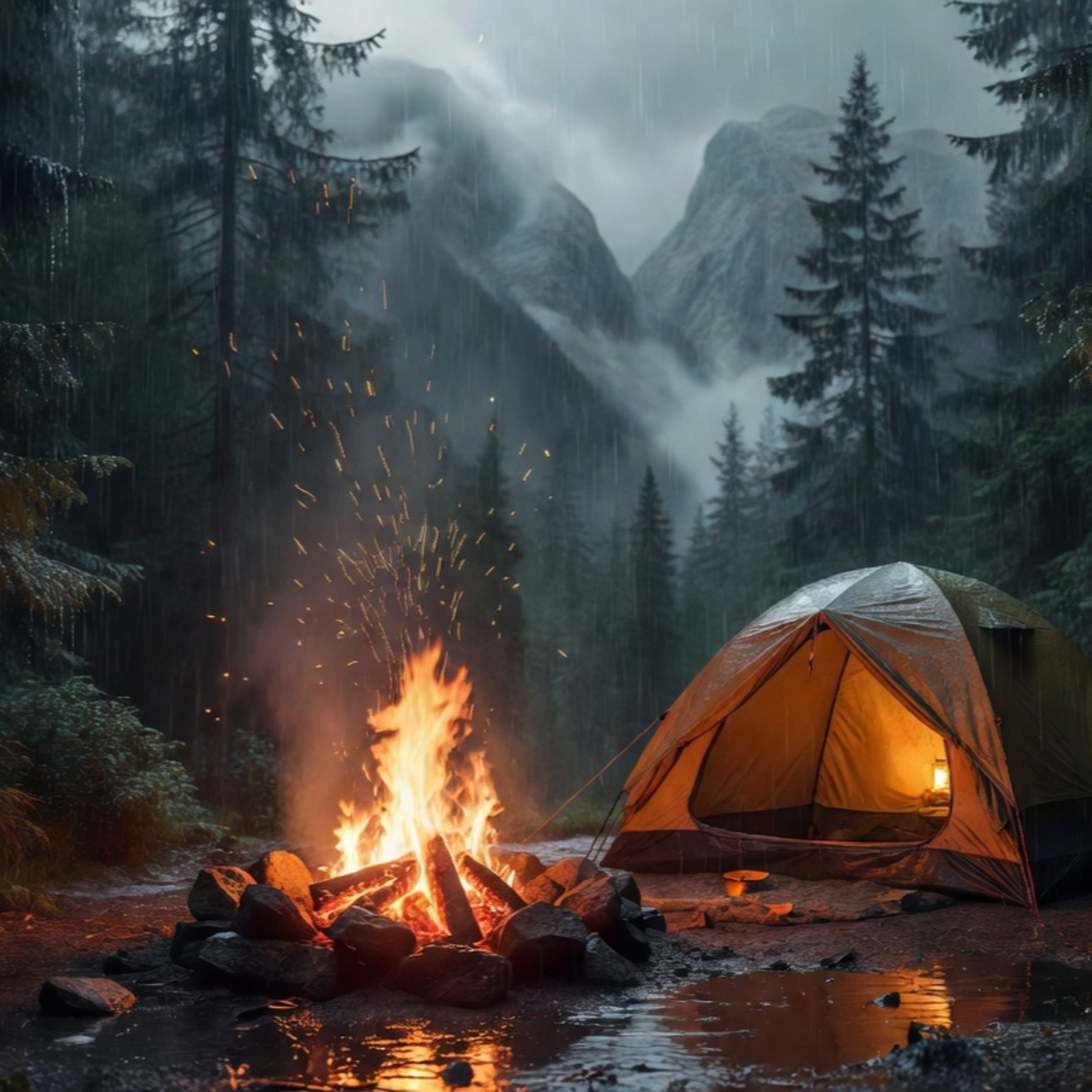 Camping in the Rain 🌧 | Firepit & Mountain Ambience for Deep Sleep & Relaxation 🔥