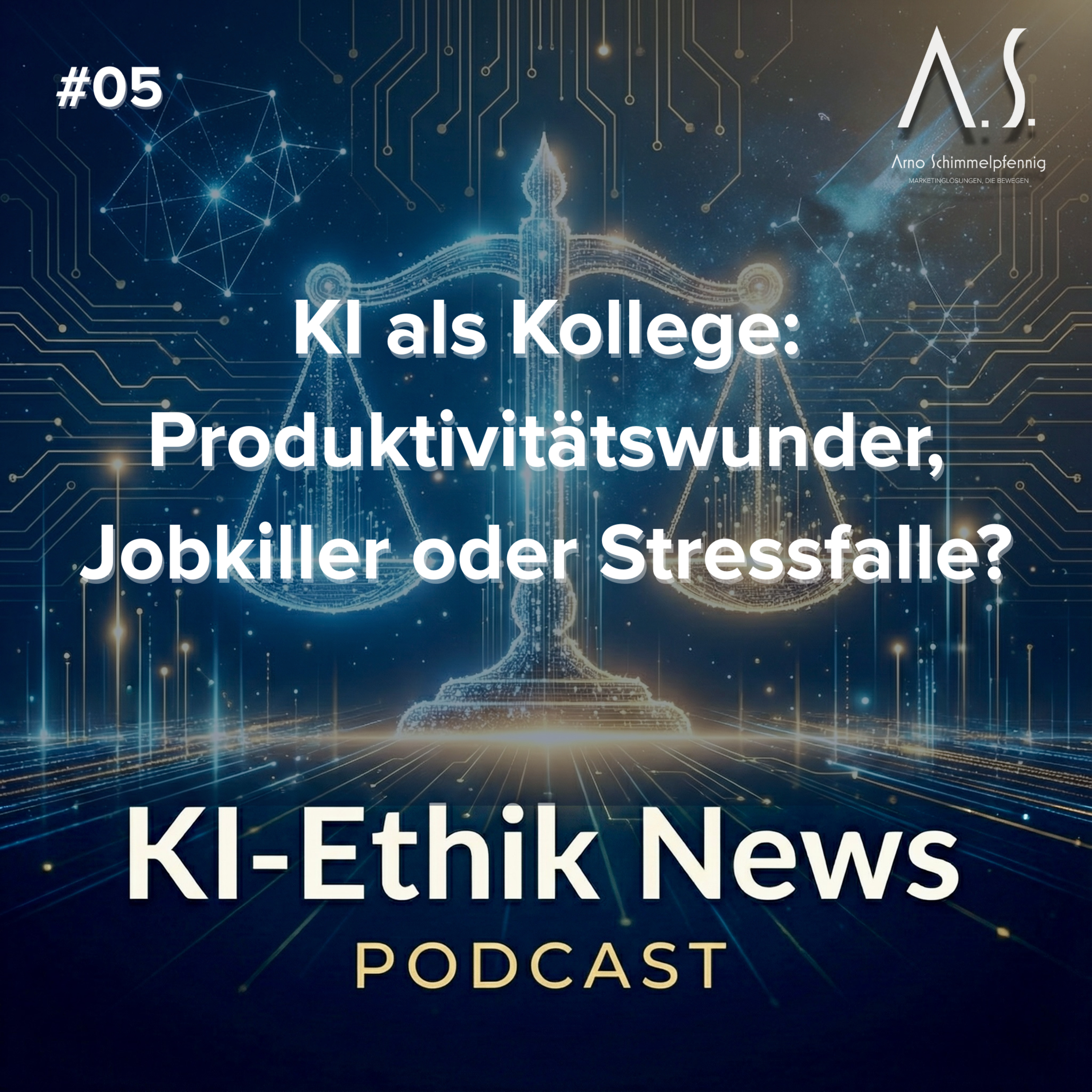 Cover der Folge: KI als Kollege: Produktivitätswunder, Jobkiller oder Stressfalle? – KI Ethik News #5