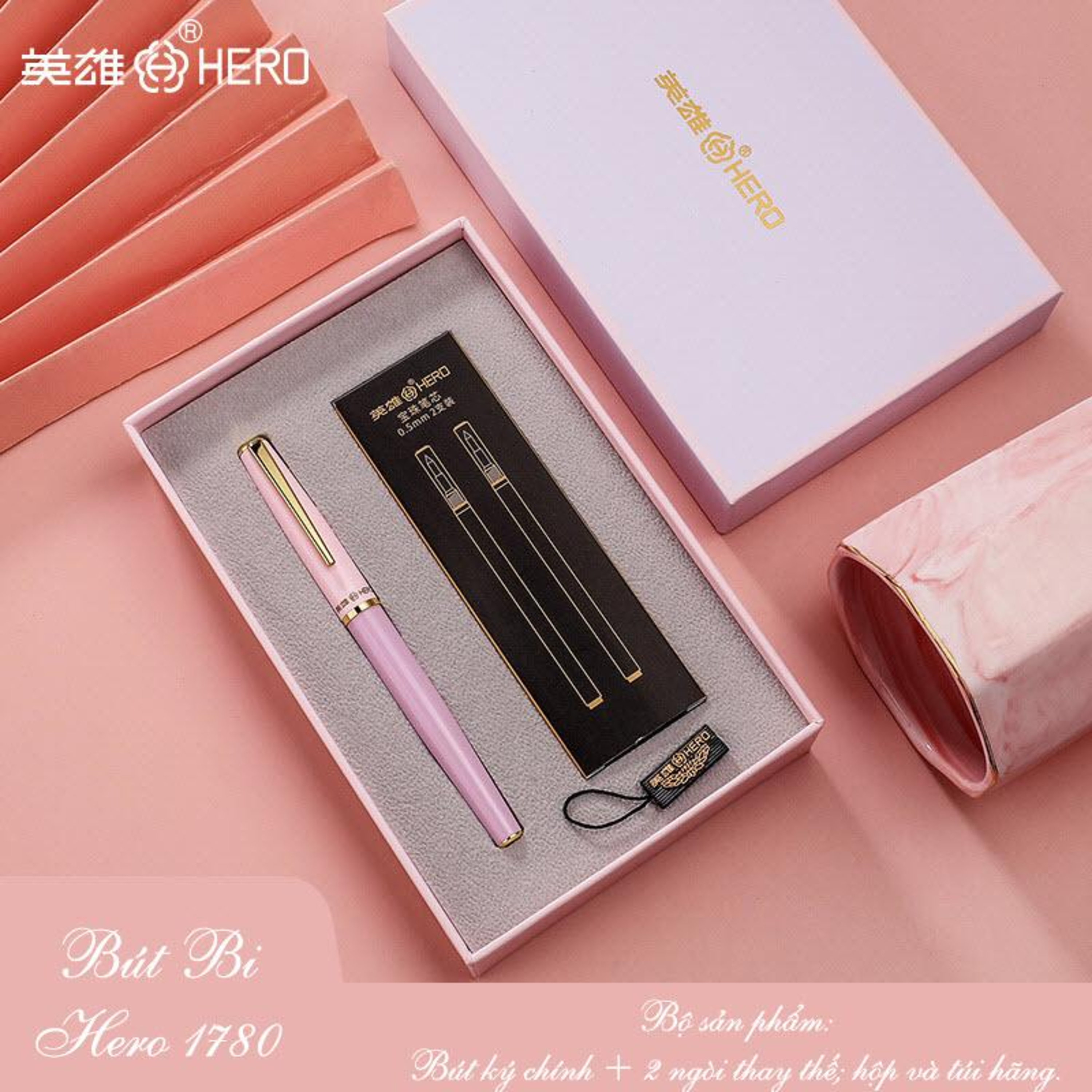 Bút bi ký tên Hero 1780 cao cấp màu hồng kèm hộp và túi hãng episode artwork