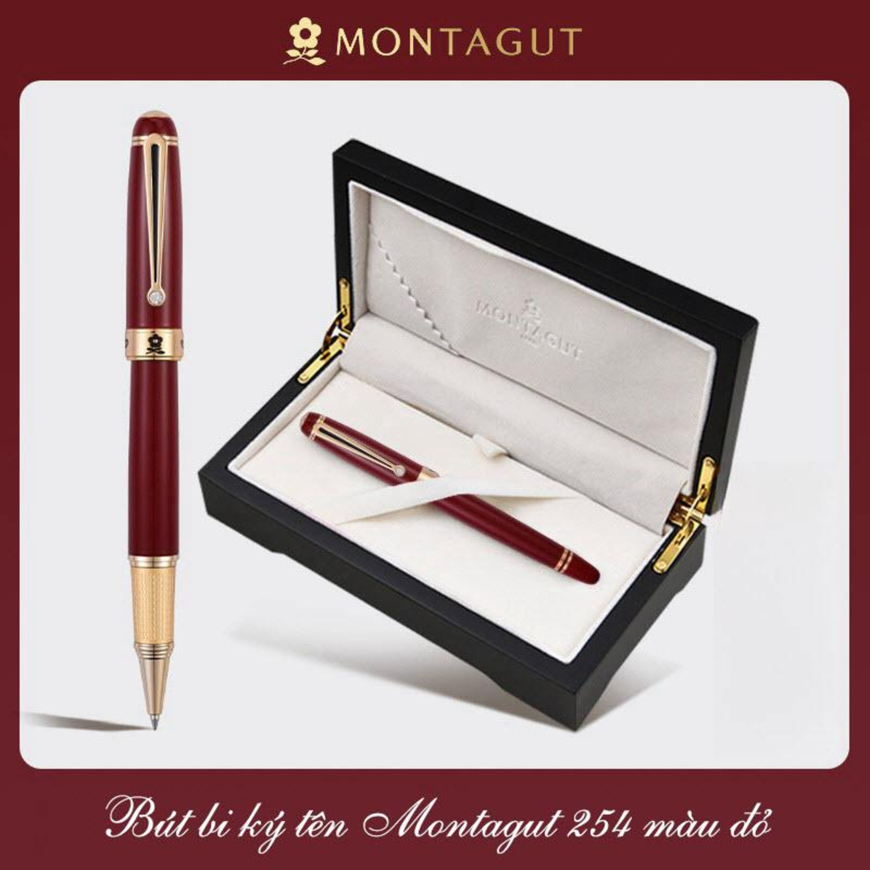 Bút bi ký tên Montagut 254 màu đỏ chính hãng hộp gỗ đính đá episode artwork