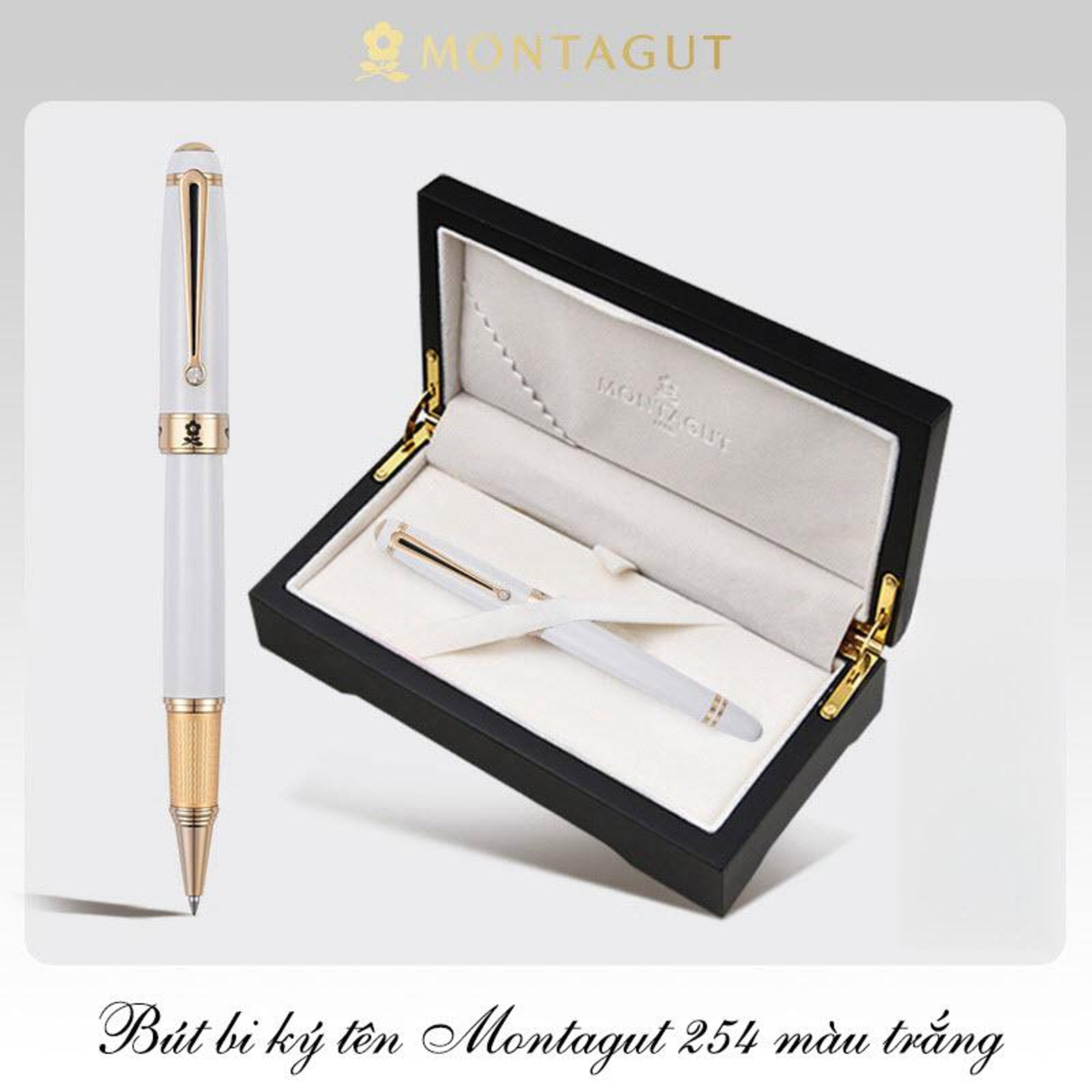Bút bi ký tên Montagut 254 màu trắng chính hãng hộp gỗ đính đá episode artwork