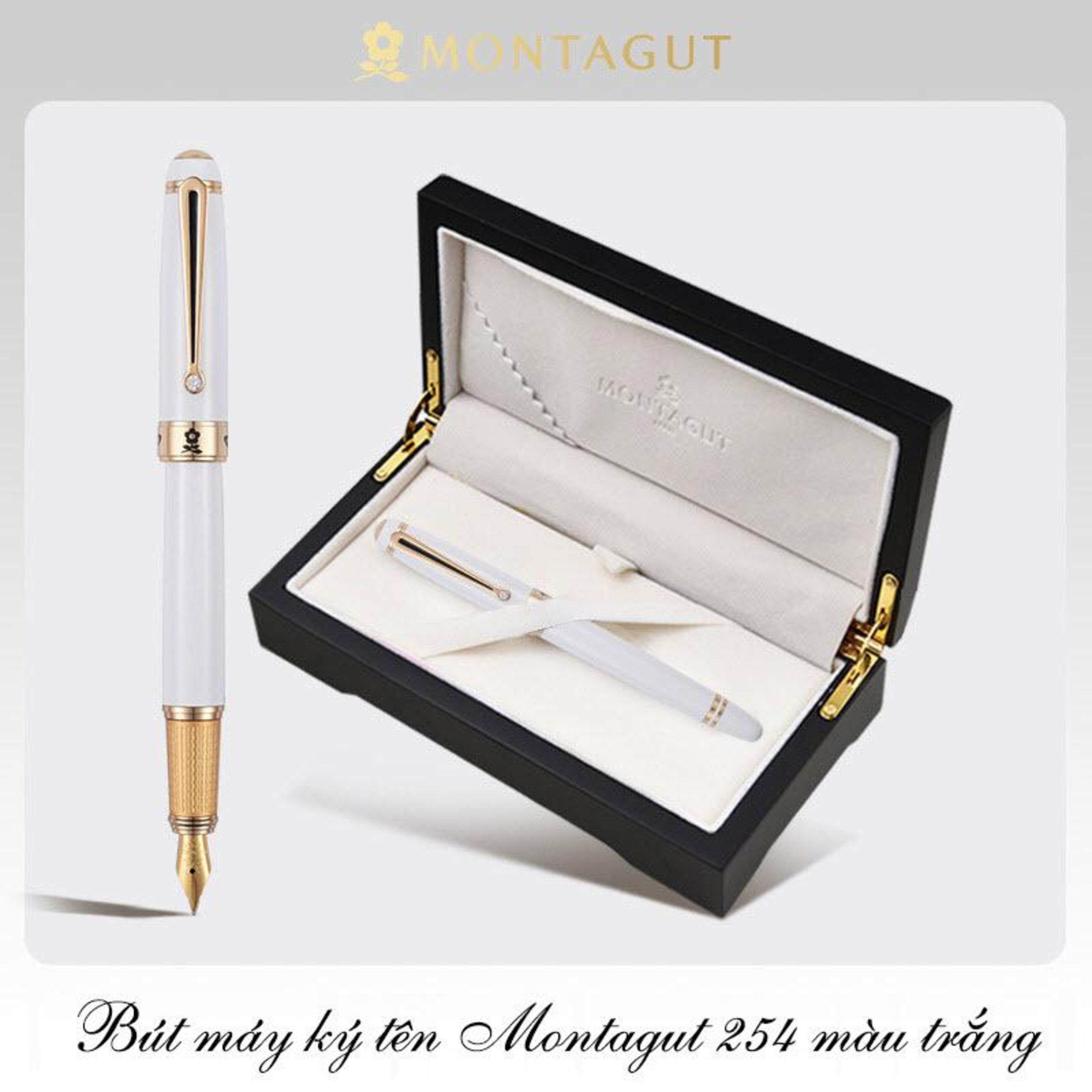 Bút máy ký tên Montagut 254 màu trắng chính hãng hộp gỗ đính đá episode artwork