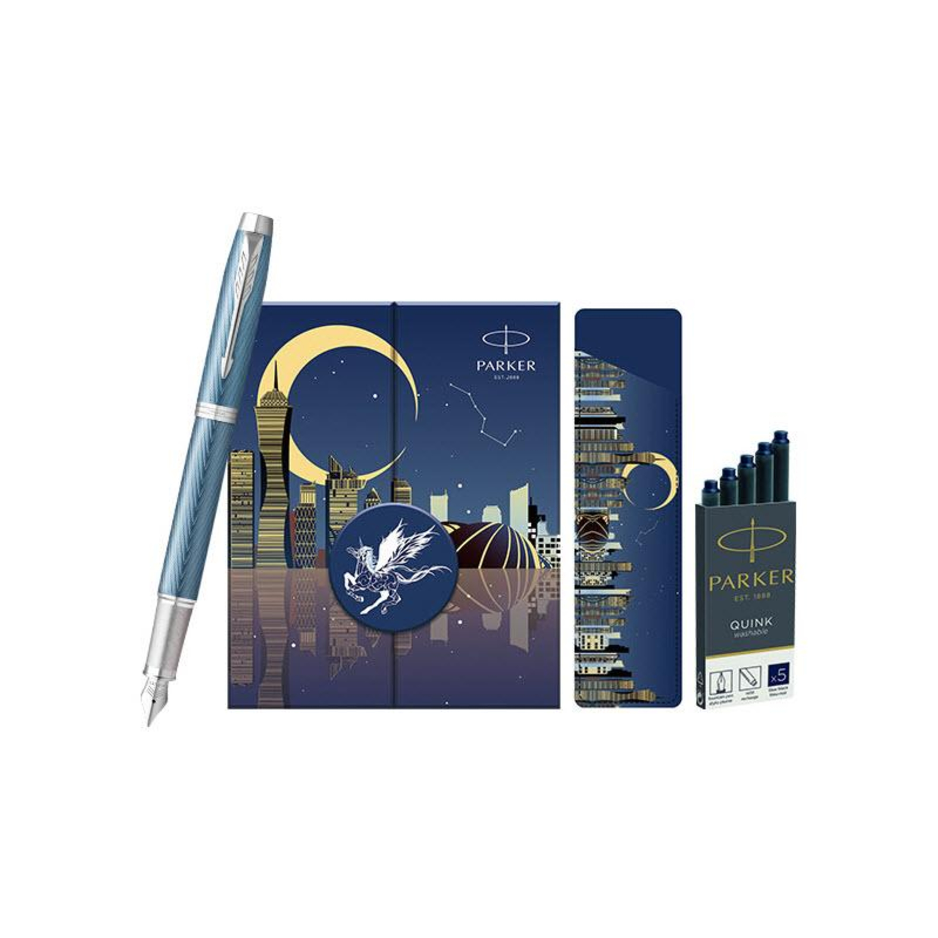 Set bút máy Parker cao cấp PK058 màu xanh kèm 5 ống mực, hộp và túi hãng episode artwork