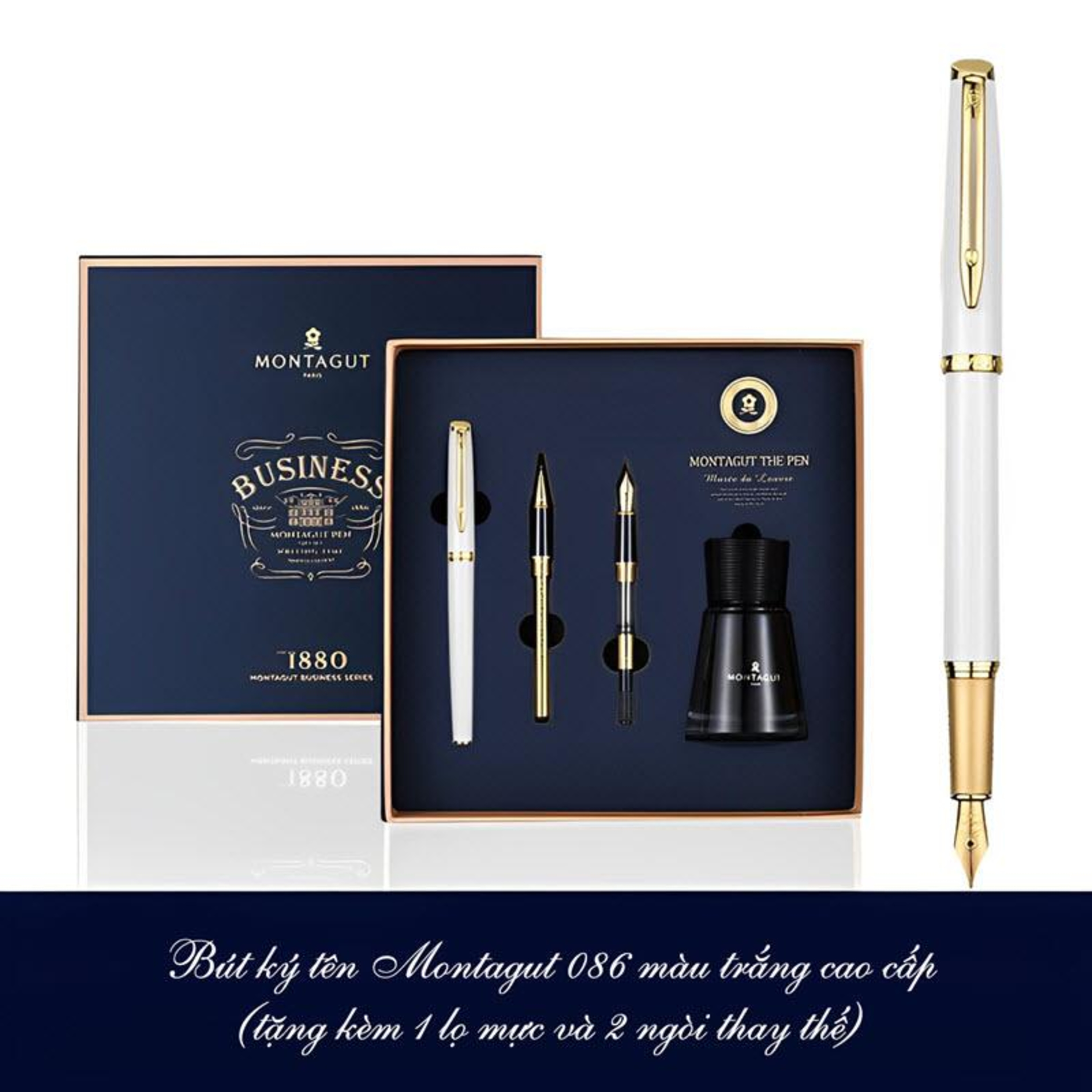 Bút ký tên Montagut 086 màu trắng (tặng kèm 1 lọ mực và 2 ngòi thay thế)