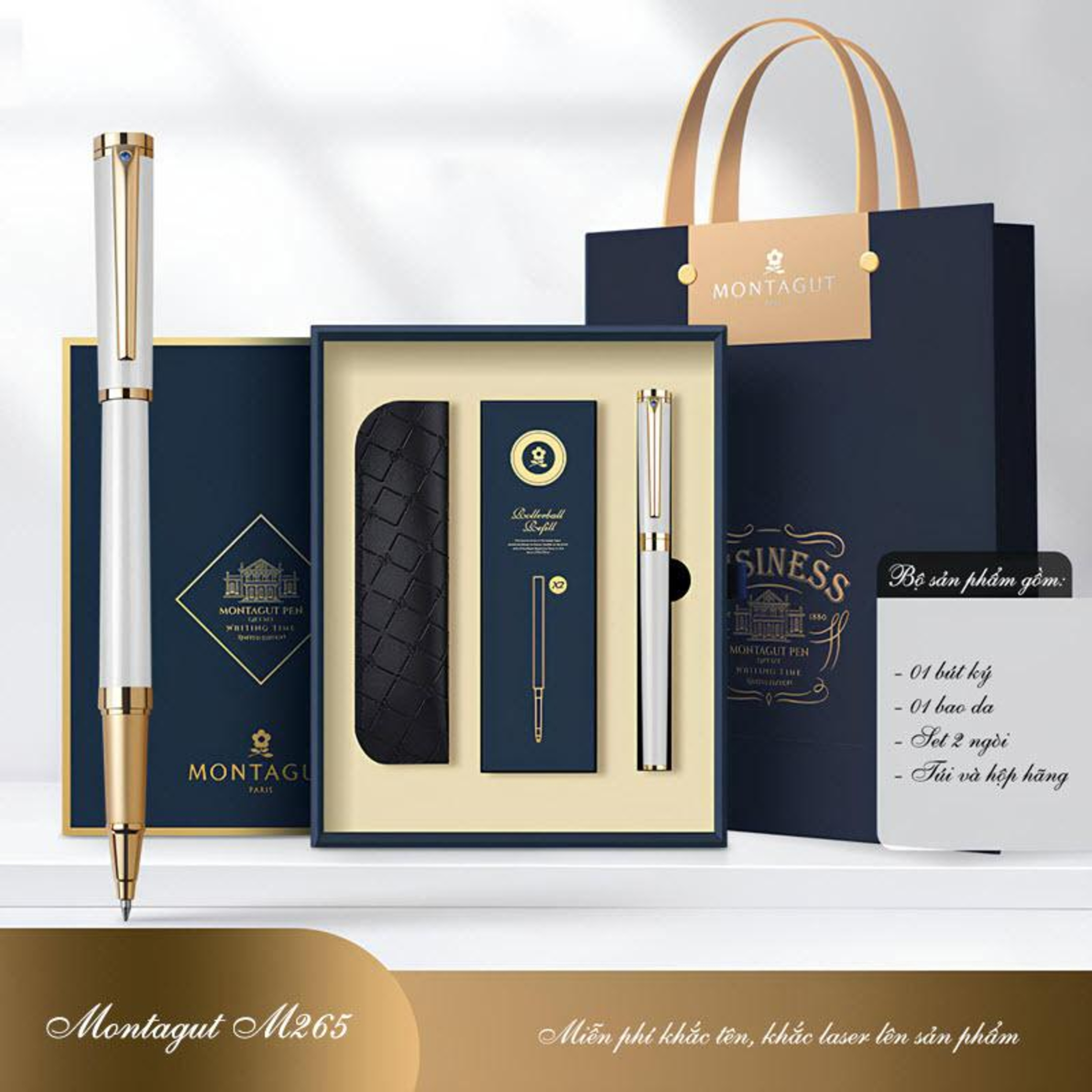 Set bút bi ký tên Montagut chính hãng M265 màu trắng đính đá
