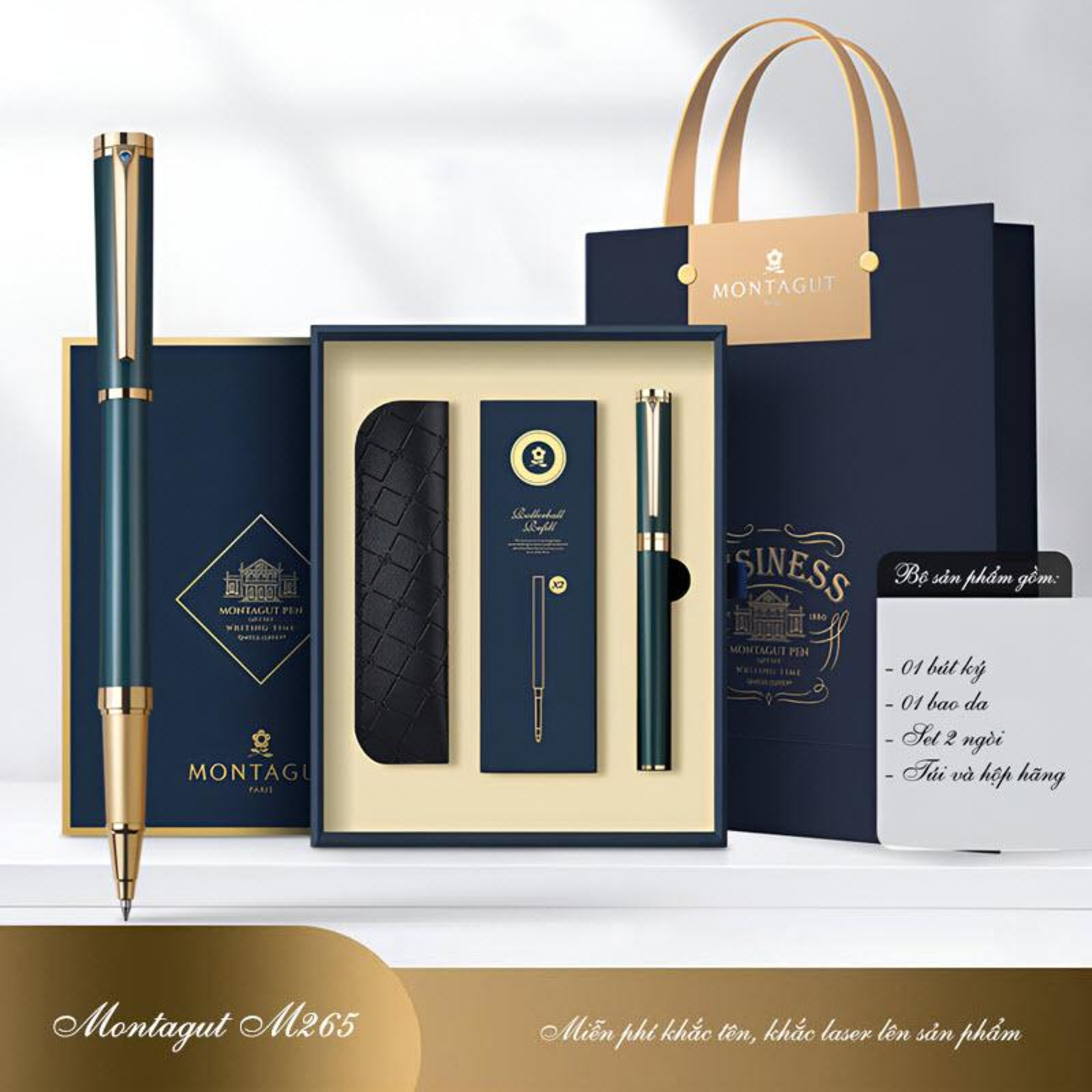 Set bút bi ký tên Montagut chính hãng M265 màu xanh quân đội đính đá