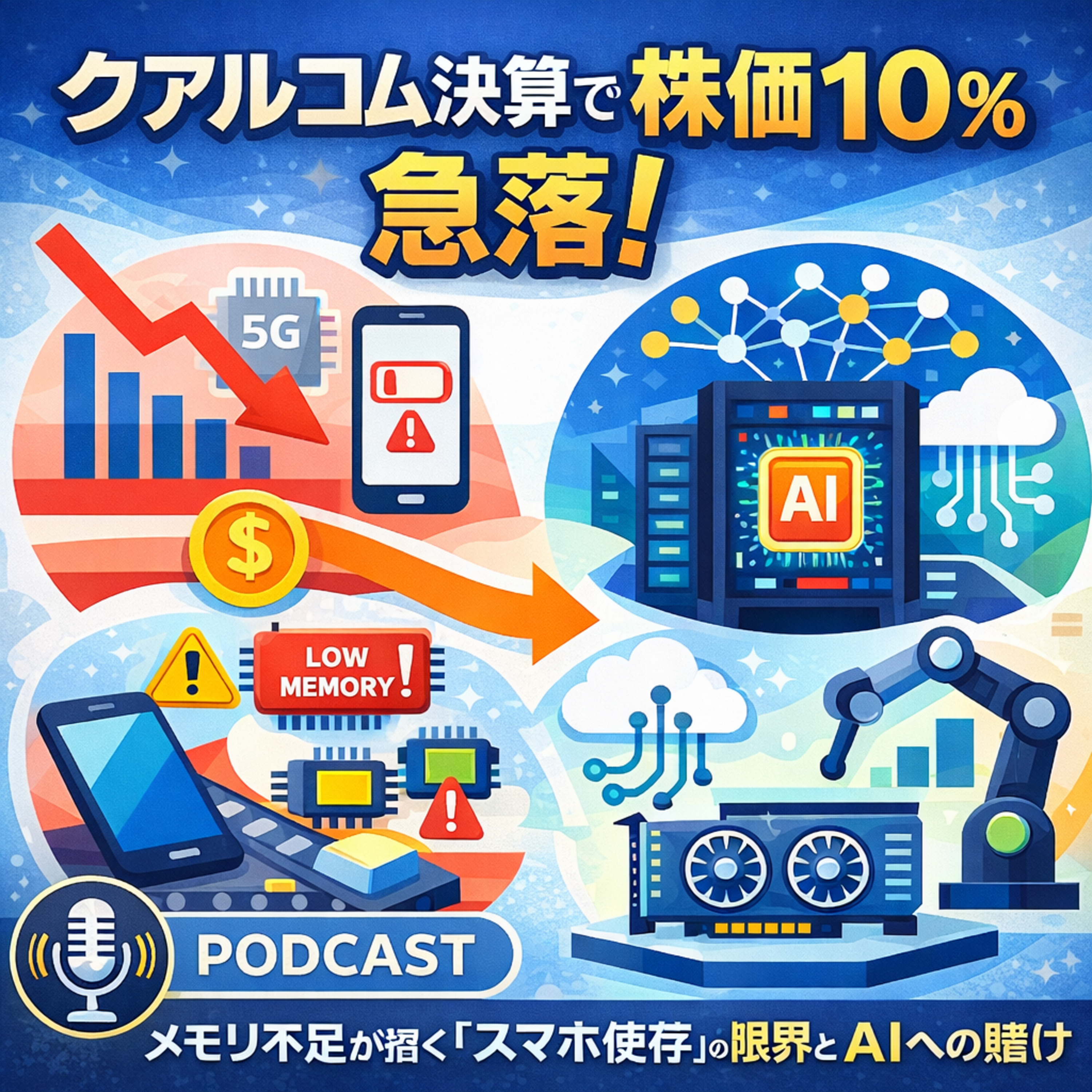 クアルコム決算で株価10%急落！メモリ不足が招く「スマホ依存」の限界とAIへの賭け