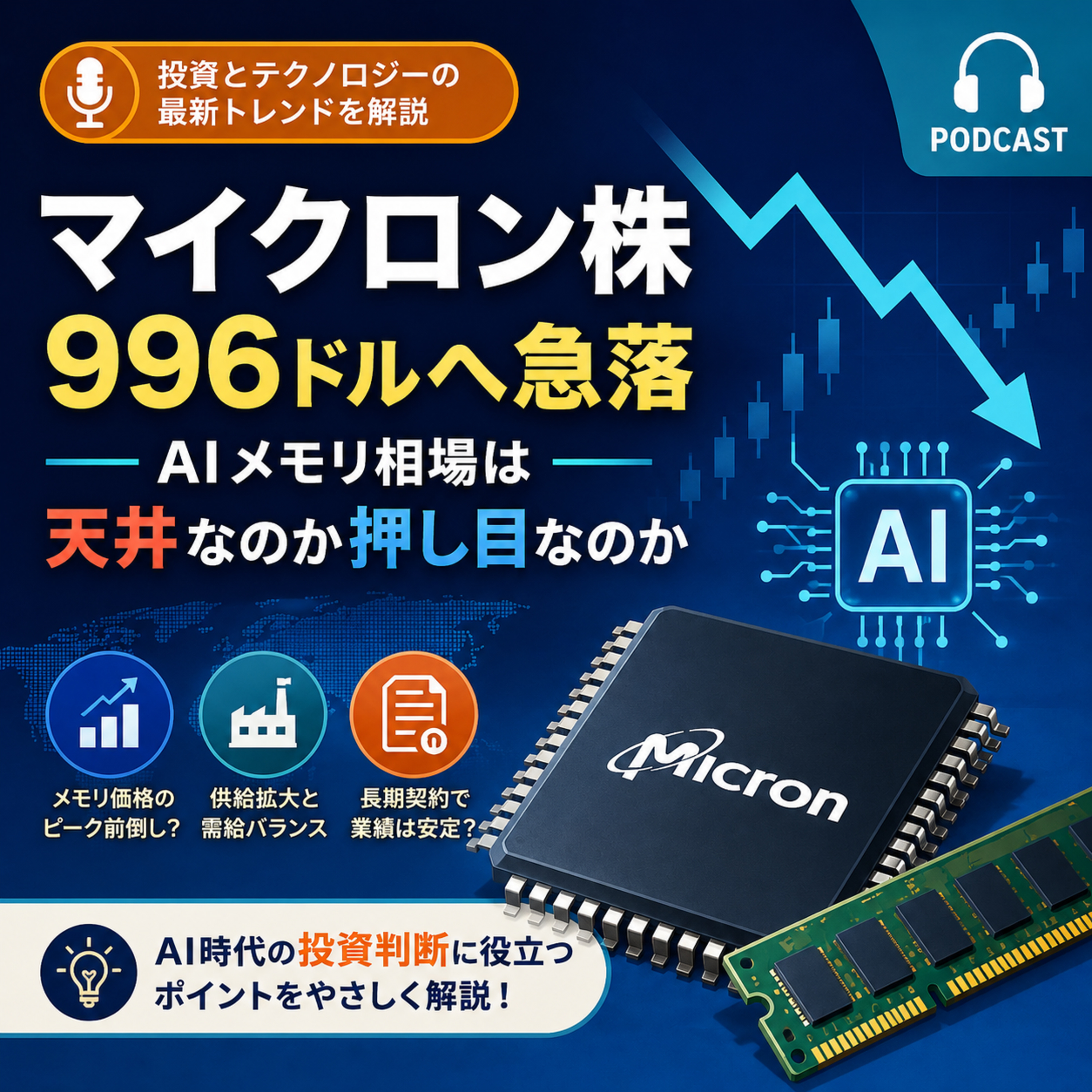 マイクロン株996ドルへ急落　AIメモリ相場は天井なのか押し目なのか