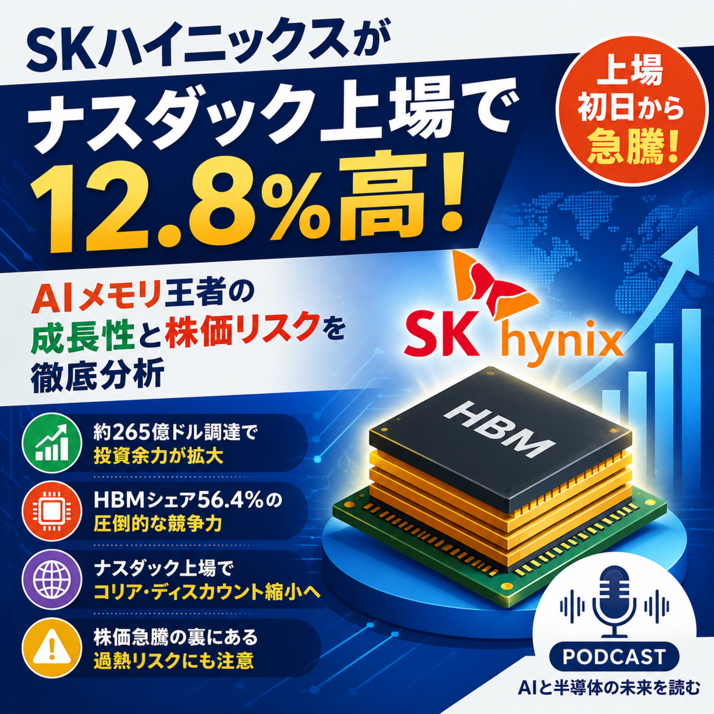 SKハイニックスがナスダック上場で12.8%高！AIメモリ王者の成長性と株価リスクを徹底分析 episode artwork