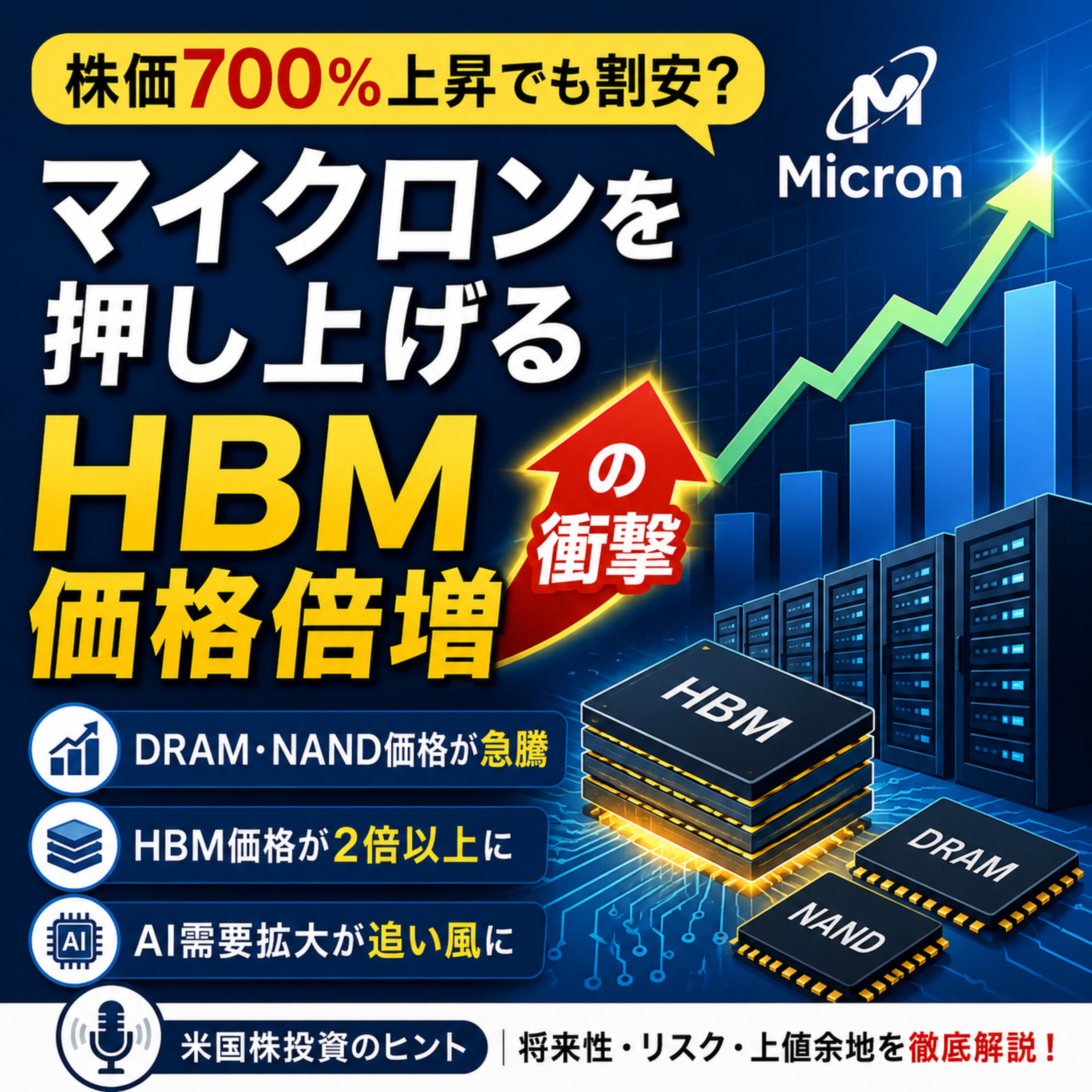 株価700％上昇でも割安？マイクロンを押し上げるHBM価格倍増の衝撃