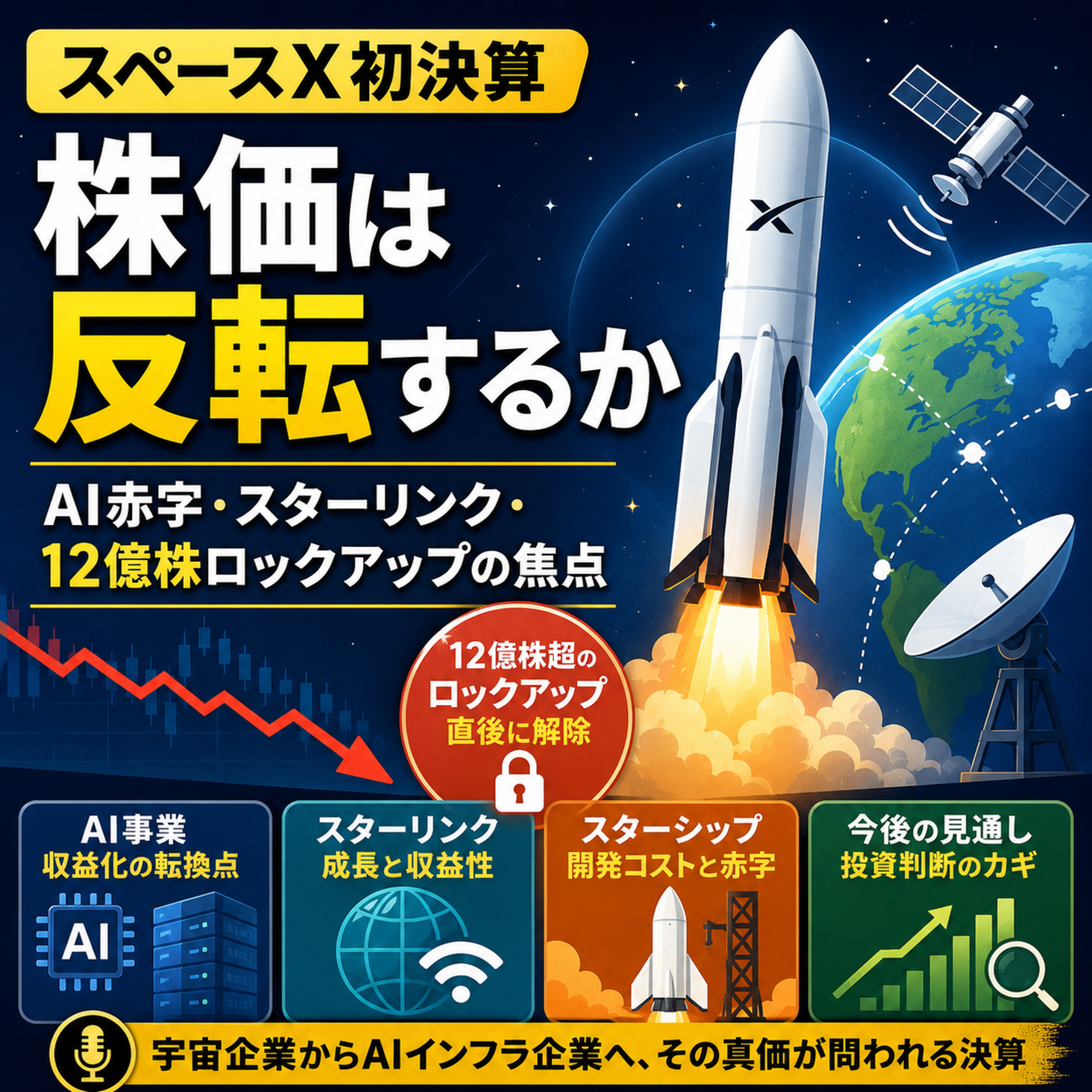 スペースX初決算で株価は反転するか　AI赤字・スターリンク・12億株ロックアップの焦点 episode artwork