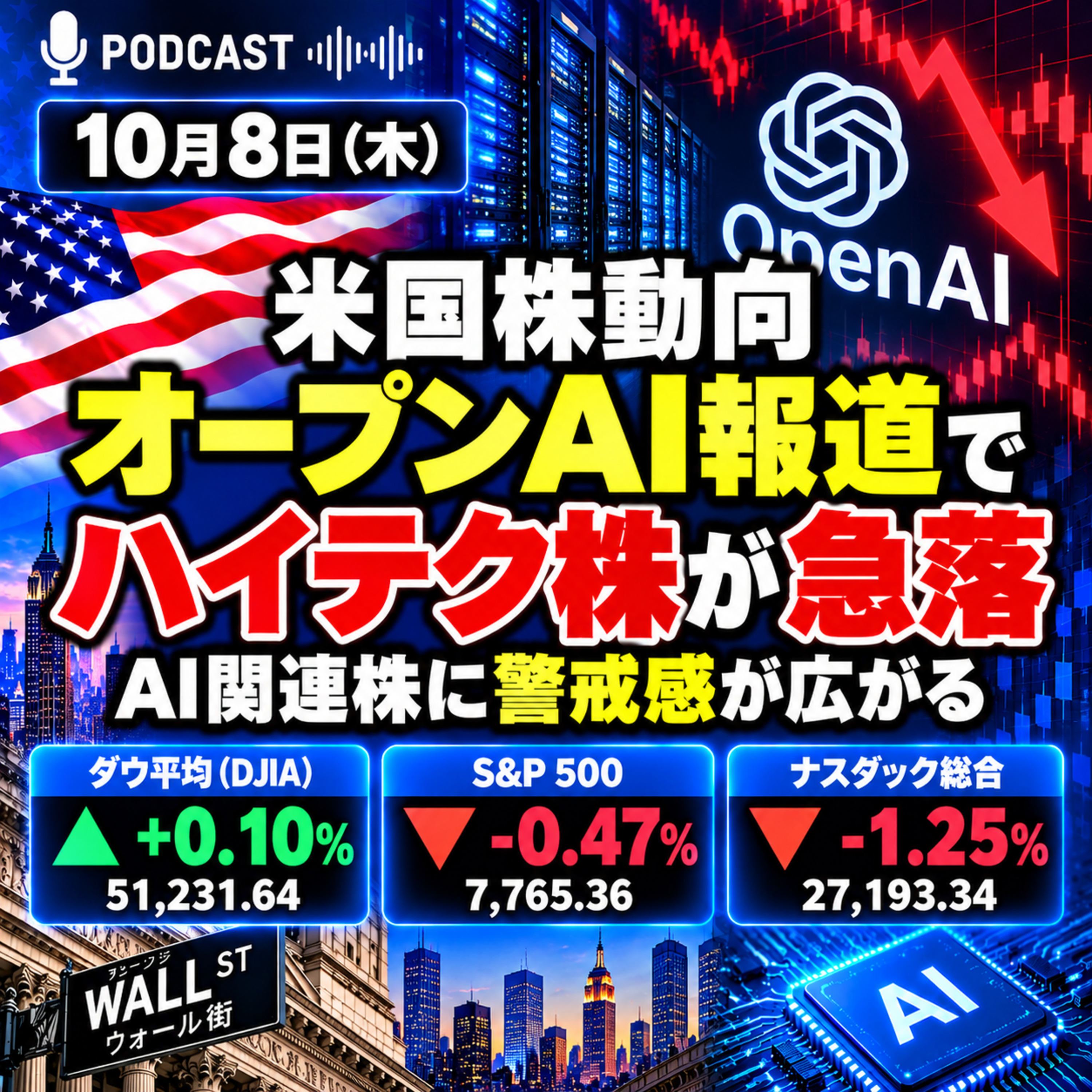 【米国株動向 10/8】AI関連株が急落！ナスダック-1.25% エヌビディア・マイクロン大幅安、急騰株も続出 episode artwork