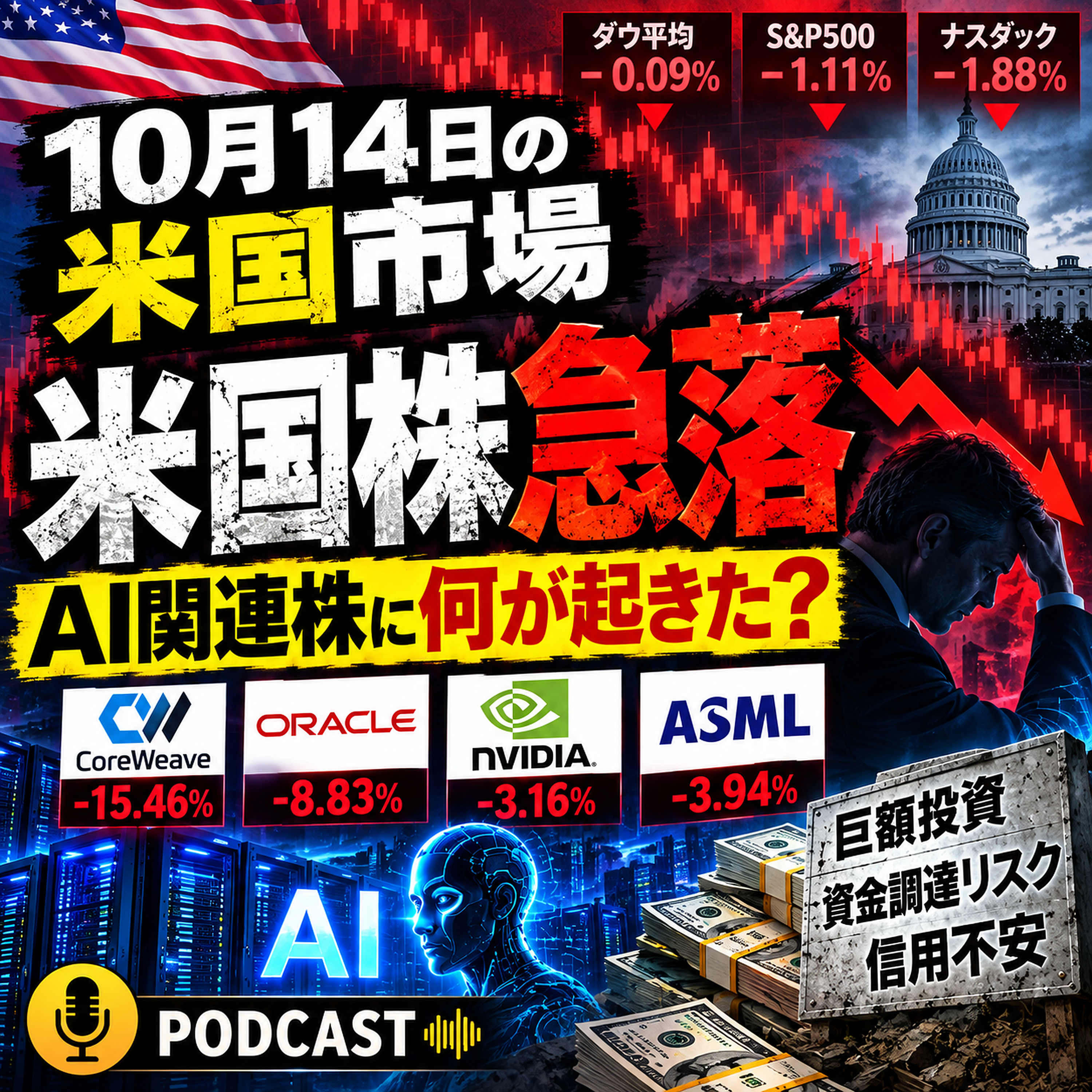 【米国株急落】AI関連株に何が起きた？コアウィーブ15%安、オラクルも急落｜10月14日の米国市場