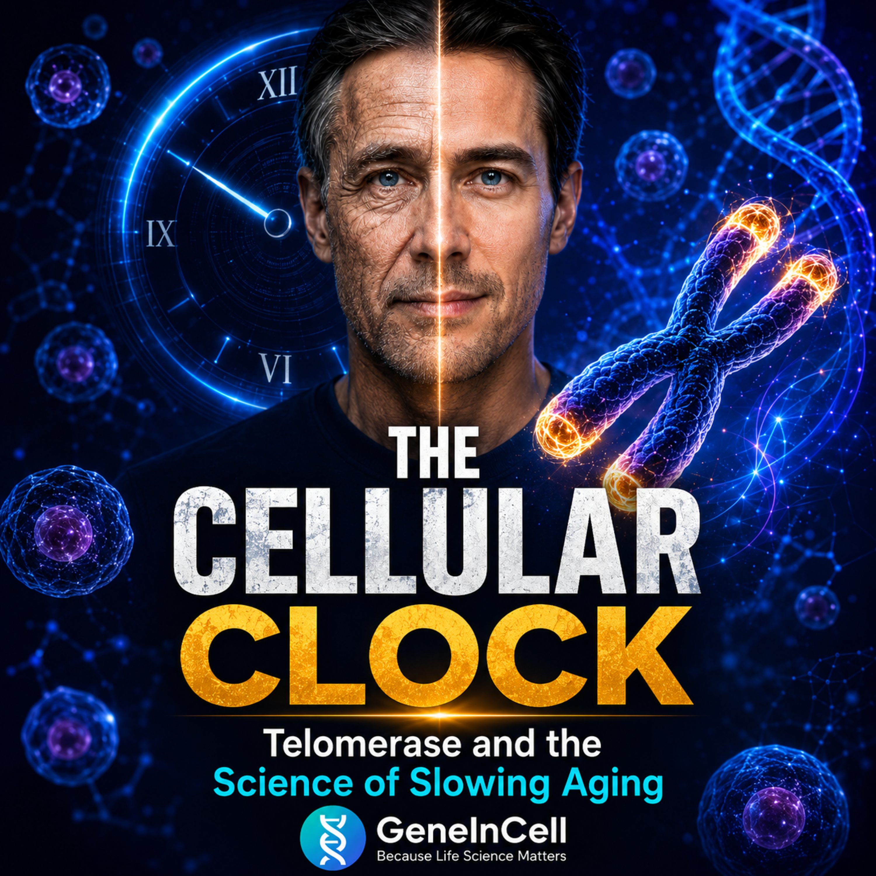 The Cellular Clock: Telomerase and the Science of Slowing Aging | Longevity | GeneInCell episode artwork