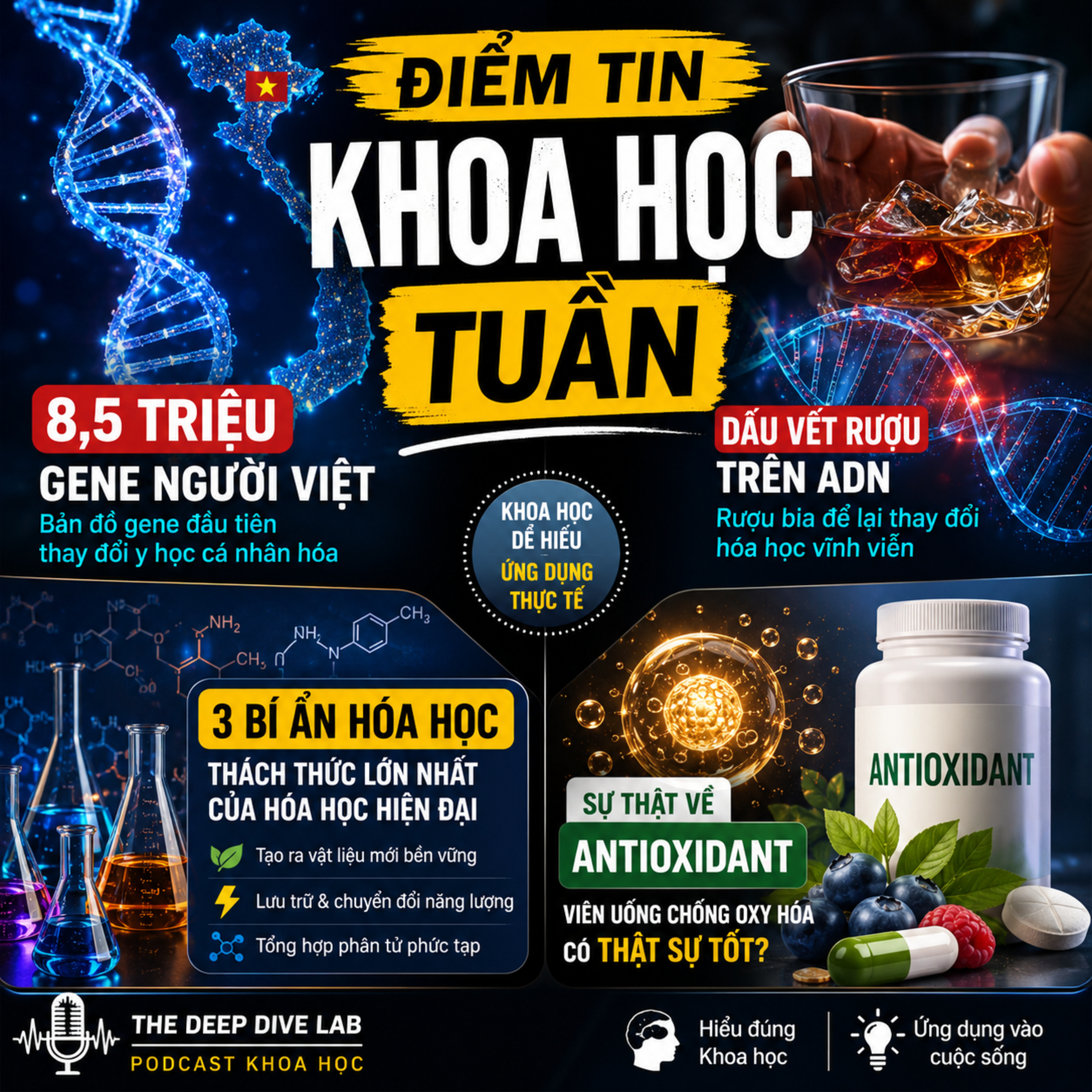 Điểm Tin Khoa Học Tuần: 8,5 Triệu Gene Người Việt, Dấu Vết Rượu Trên ADN, 3 Thách Thức Lớn Nhất Của Hóa Học & Sự Thật Về Chất Chống Oxy Hóa episode artwork