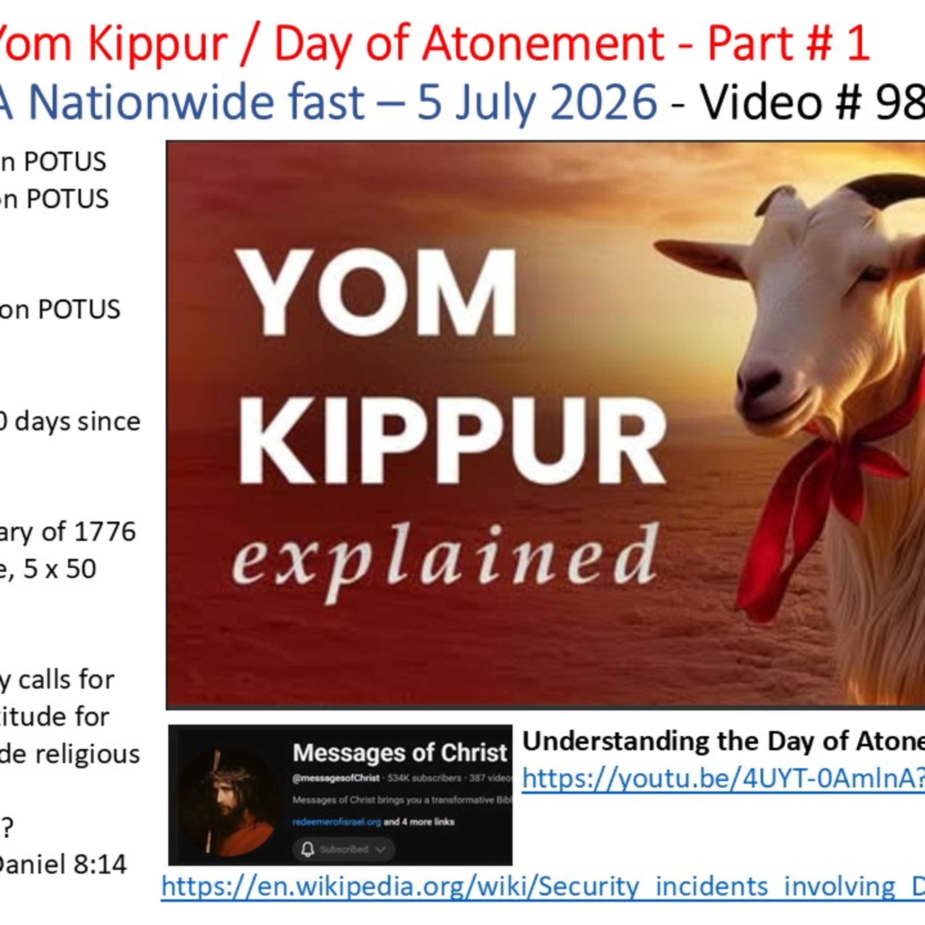 Video # 98a - Yom Kippur or Day of Atonement - USA Nationwide fast – 5 July 2026 - Part # 1 episode artwork