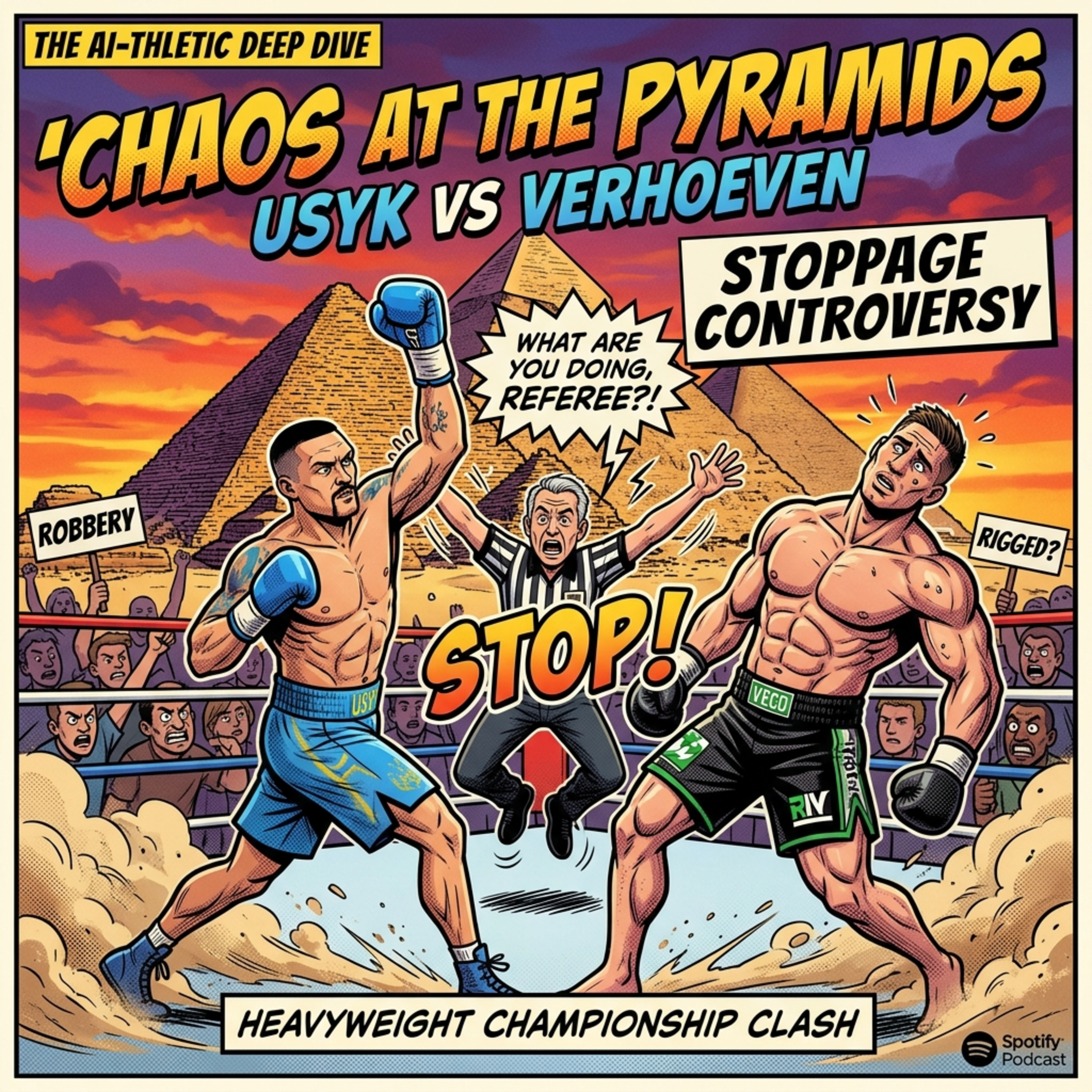 Podcast artwork for Chaos at the Pyramids: Usyk vs Verhoeven Title Fight & Stoppage Controversy The AI-thletic Deep Dive