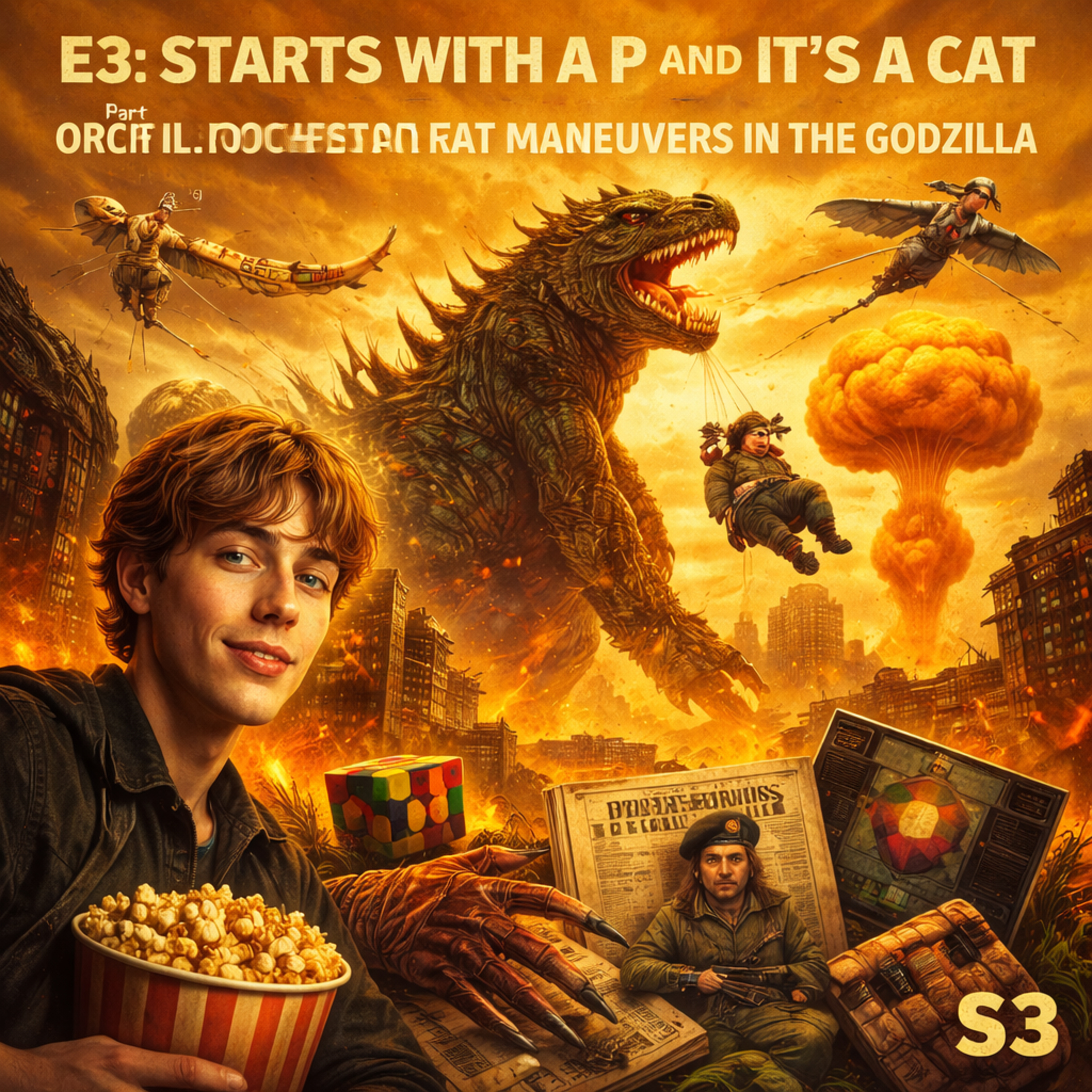 E3: Starts with a P and it's a Cat; Part II: Orchestral Fat Maneuvers in the Godzilla; S3: Extemporaneity Deity episode artwork
