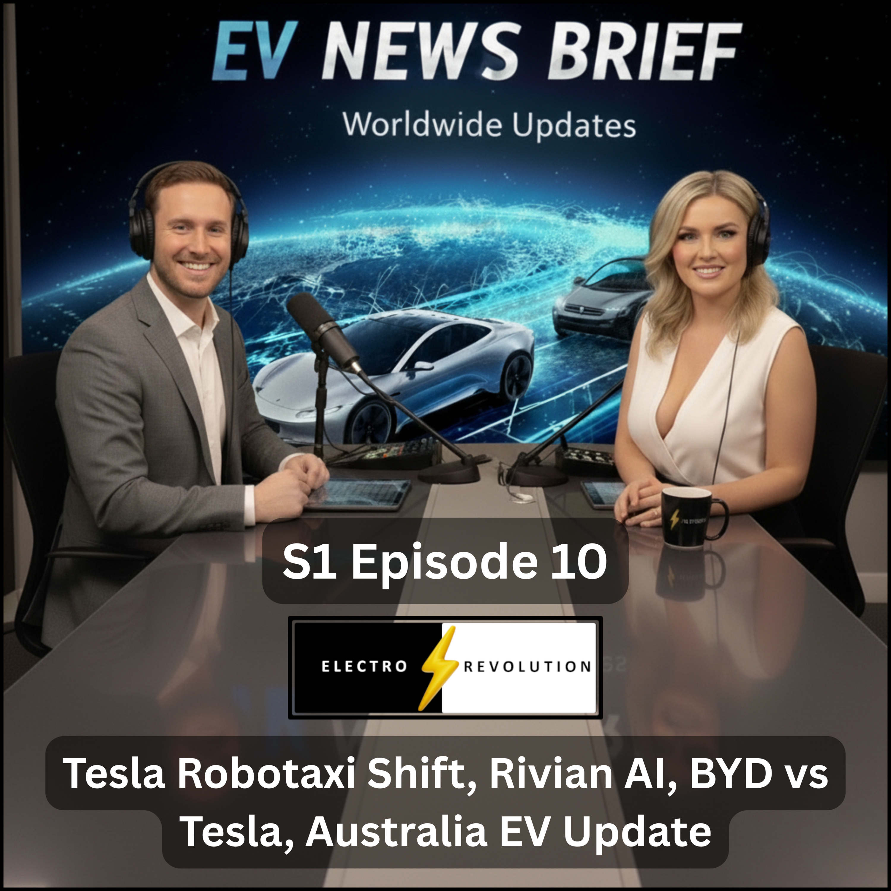 EV News Brief Podcast — S1Ep10 — Tesla Robotaxi Shift, Rivian AI, BYD vs Tesla, Australia EV Update episode artwork