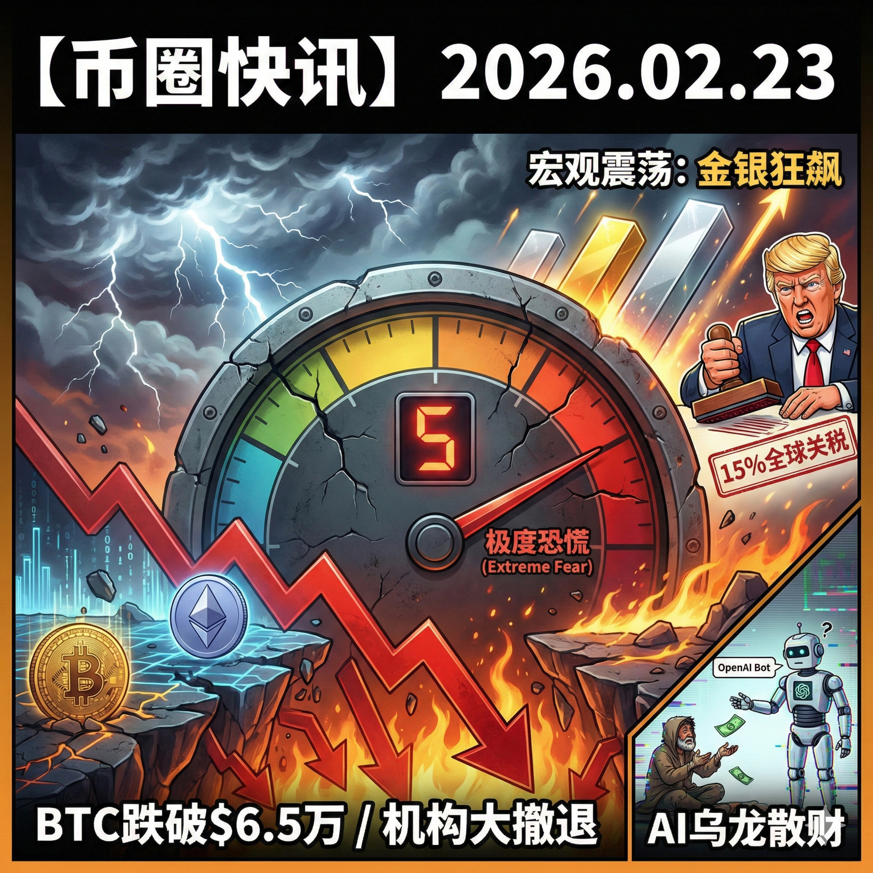 恐慌指数跌至 5！特朗普强推 15% 关税引爆金银，比特币跌穿 6.5 万，OpenAI 机器人闹乌龙怒送 25 万美元 episode artwork