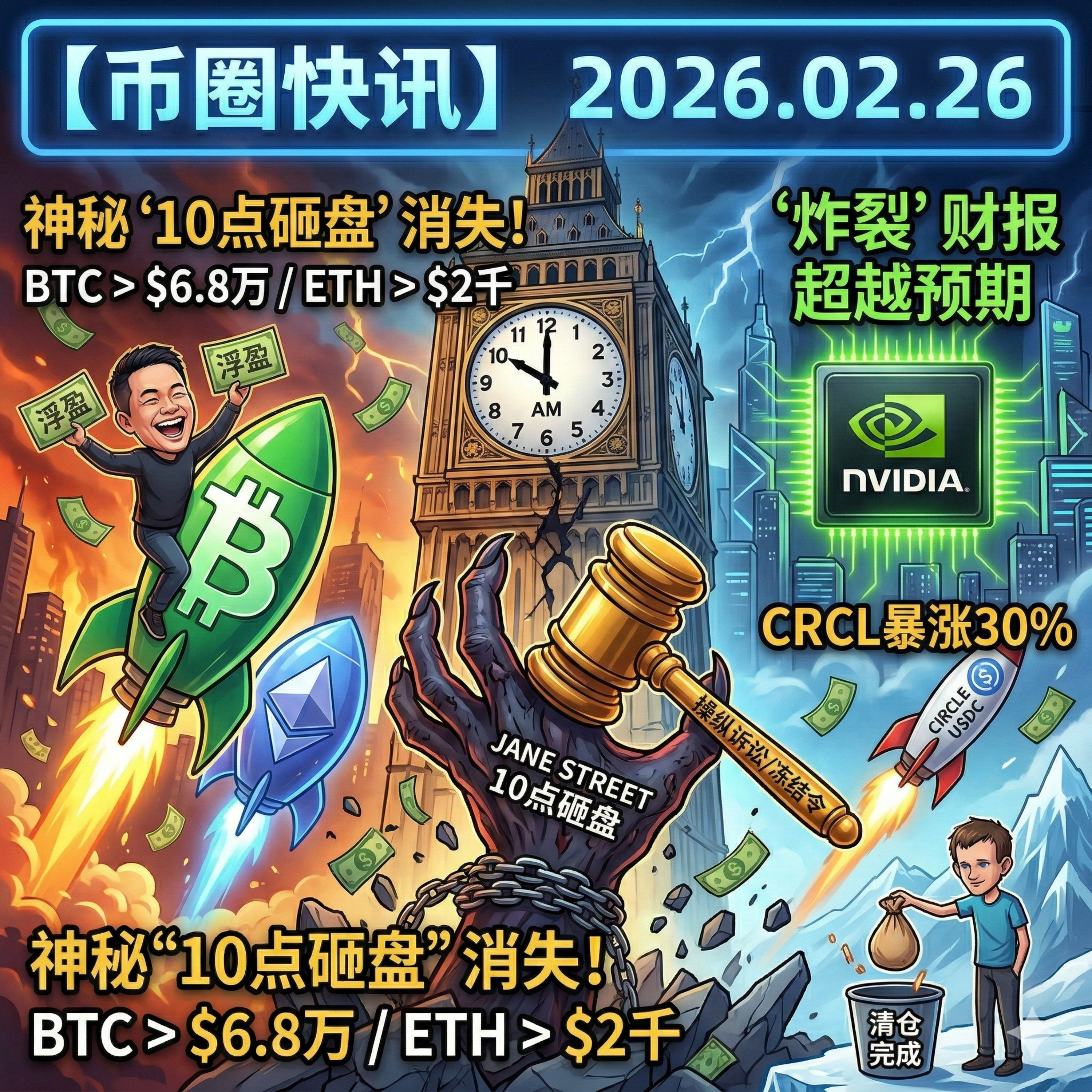 BTC暴力反弹破6.8万！Jane Street遭诉“10点砸盘”消失，英伟达财报炸裂，Circle大涨超30% episode artwork