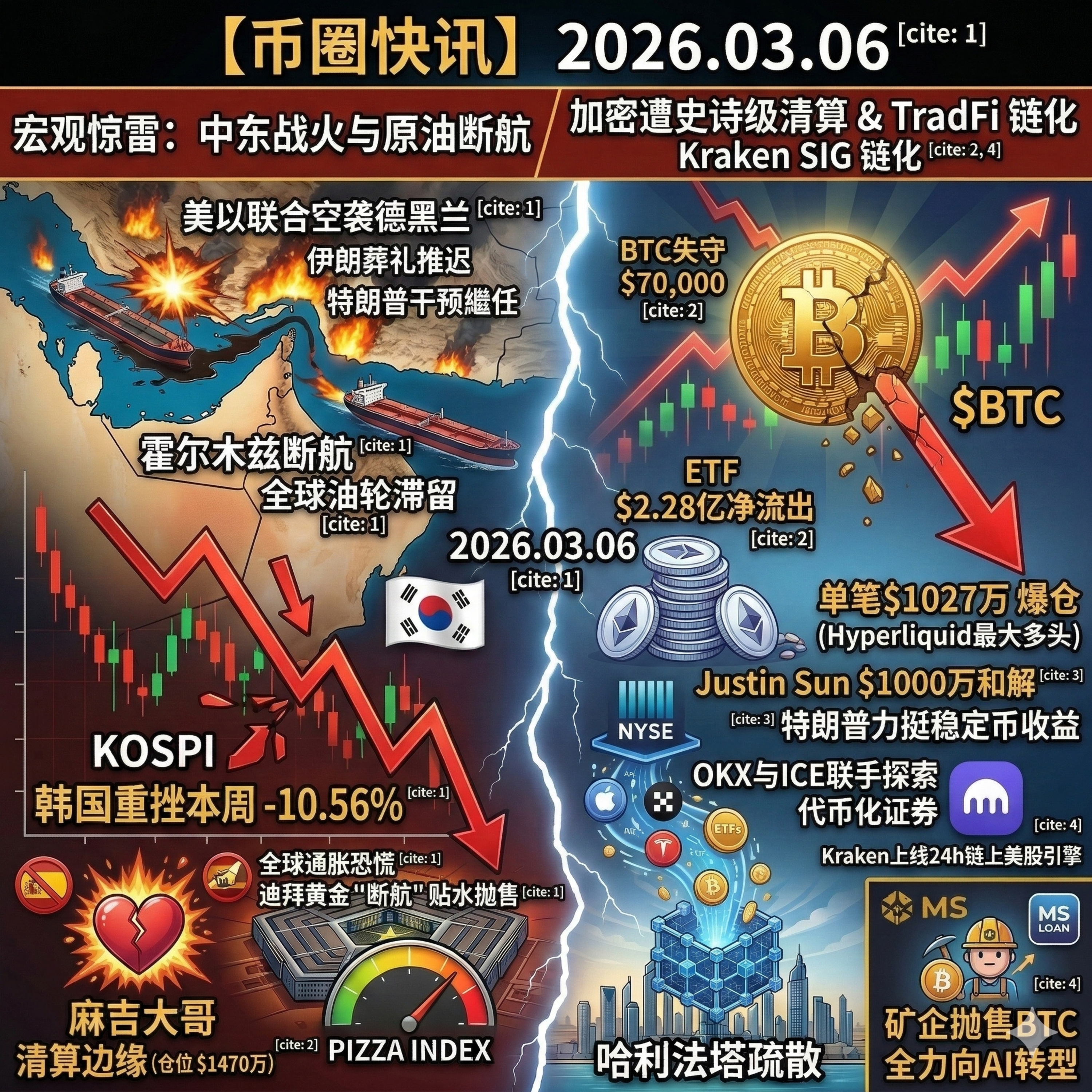 美伊战火封锁海峡油价飙升！BTC跌破7万引发巨鲸千万级爆仓，SEC撤销孙宇晨诉讼遭痛批，OKX联手纽交所母公司进军代币化证券 episode artwork