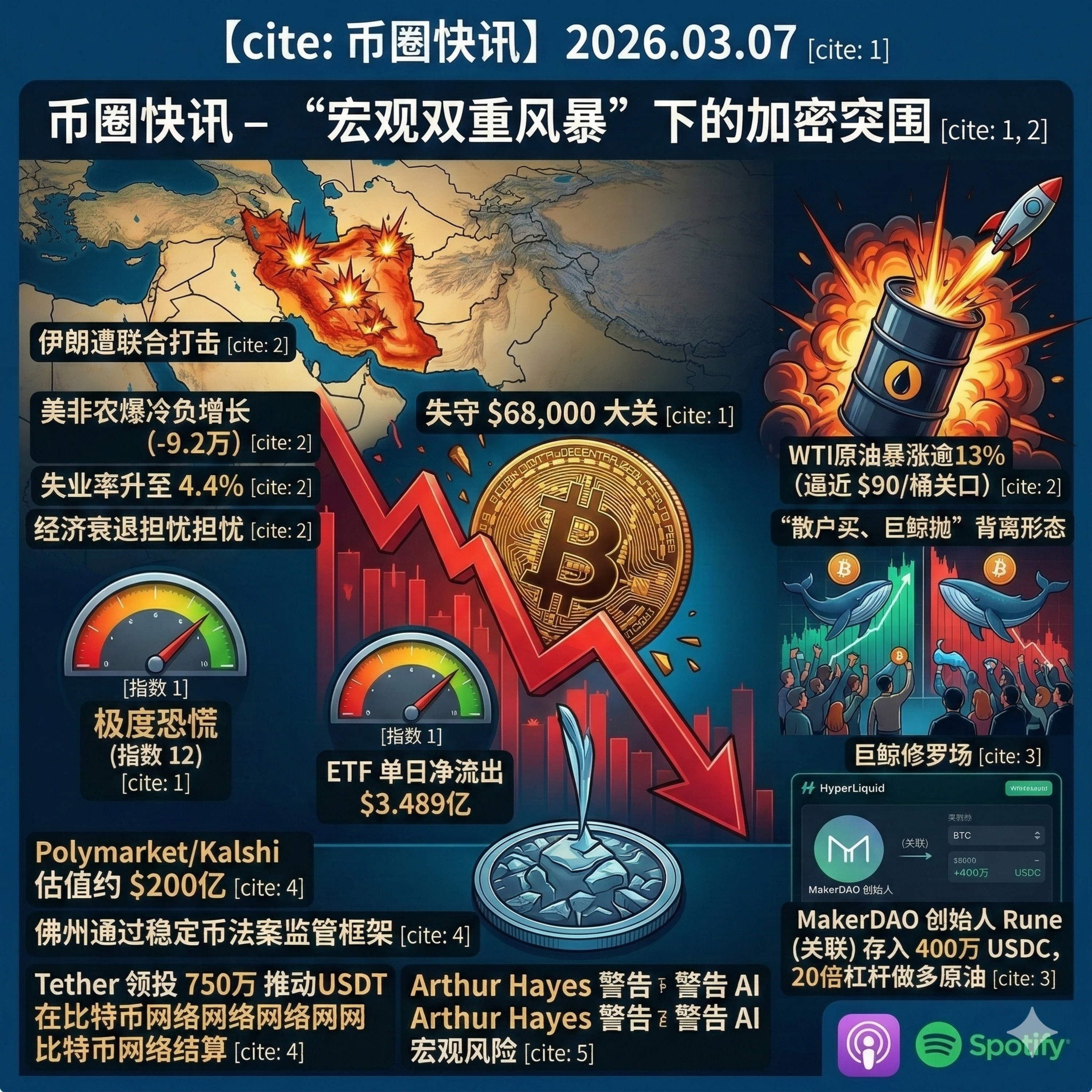 美国非农爆冷叠加中东战火油价狂飙！BTC跌破6.8万陷极度恐慌，预测市场双雄估值达200亿，MakerDAO创始人链上做多原油
