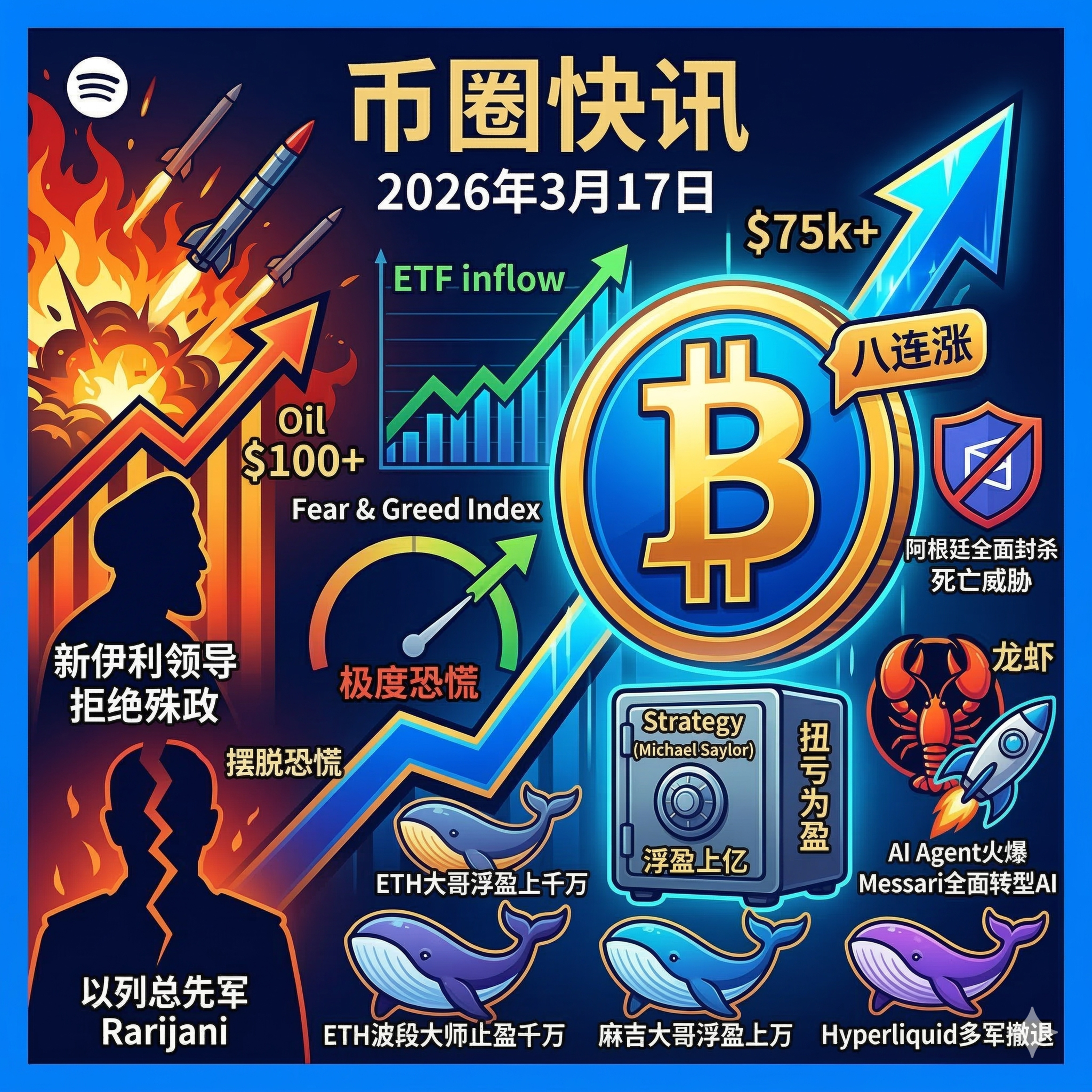 BTC突破7.5万迎四年来首个“八连涨”！Strategy持仓浮盈上亿，伊朗新领袖拒绝停火，阿根廷全面封杀Polymarket，“麻吉大哥”等众巨鲸狂揽千万 episode artwork
