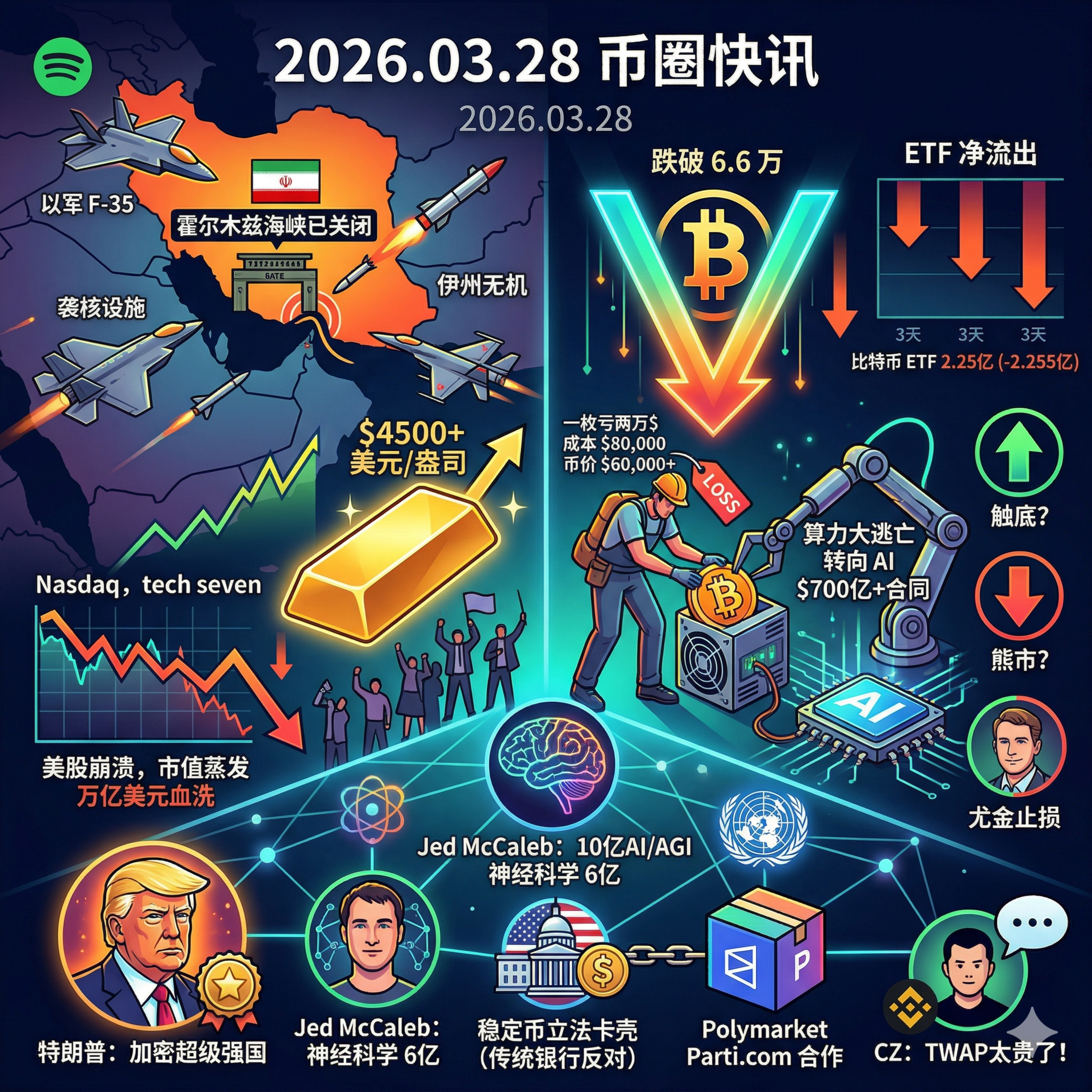 中东战事全面升级引爆黄金突破4500美元！美股七巨头蒸发8700亿，BTC跌破6.6万矿工巨亏爆砸，特朗普力挺美国成“加密超级强国”，Ripple创始人豪掷10亿美元押注脑机AGI episode artwork