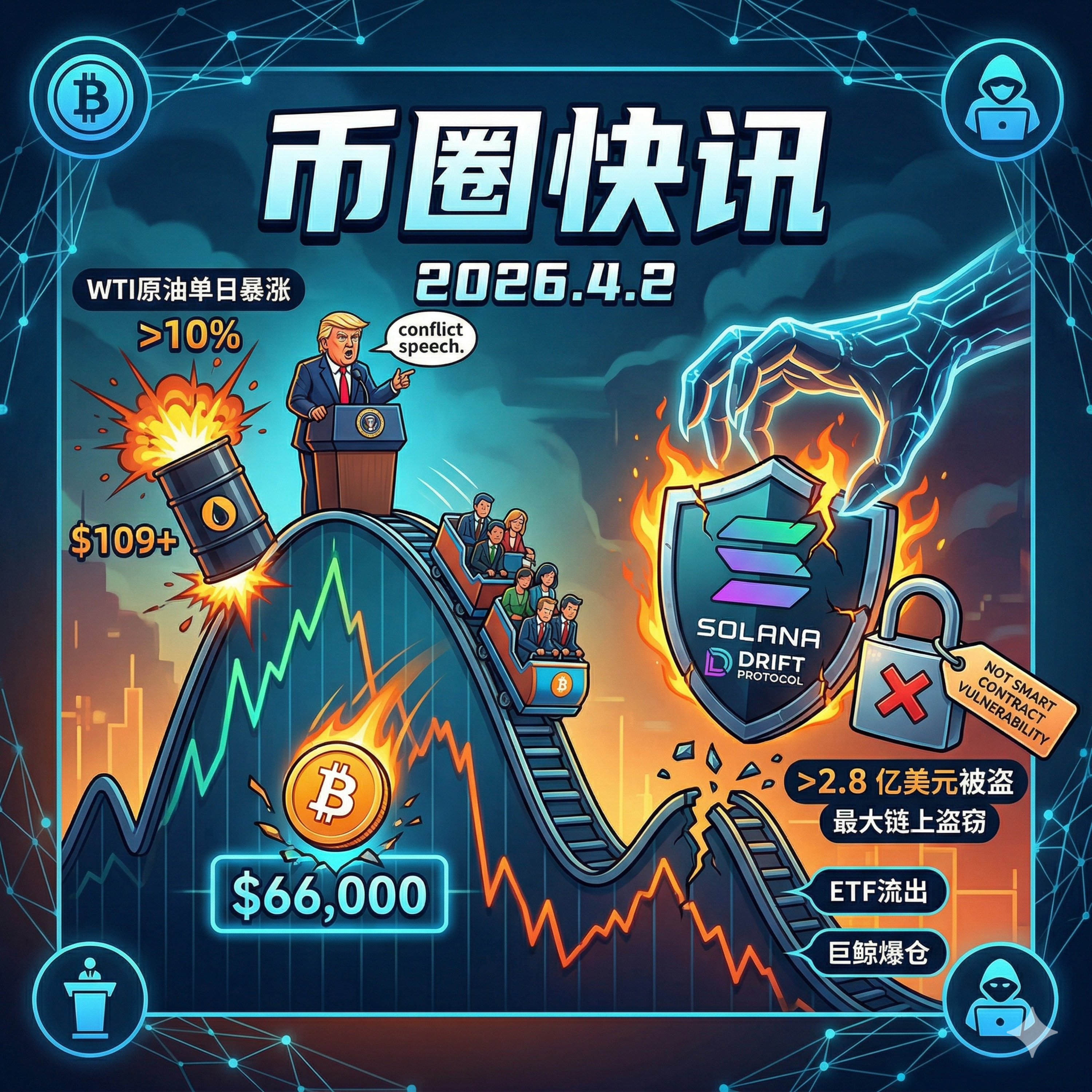 特朗普讲话粉碎和平幻想，原油暴涨10%！BTC跌破6.6万，Drift遭黑客洗劫超2.8亿美元换成ETH，“麻吉”狂亏超3100万，SEC批准多加密资产期权上市 episode artwork
