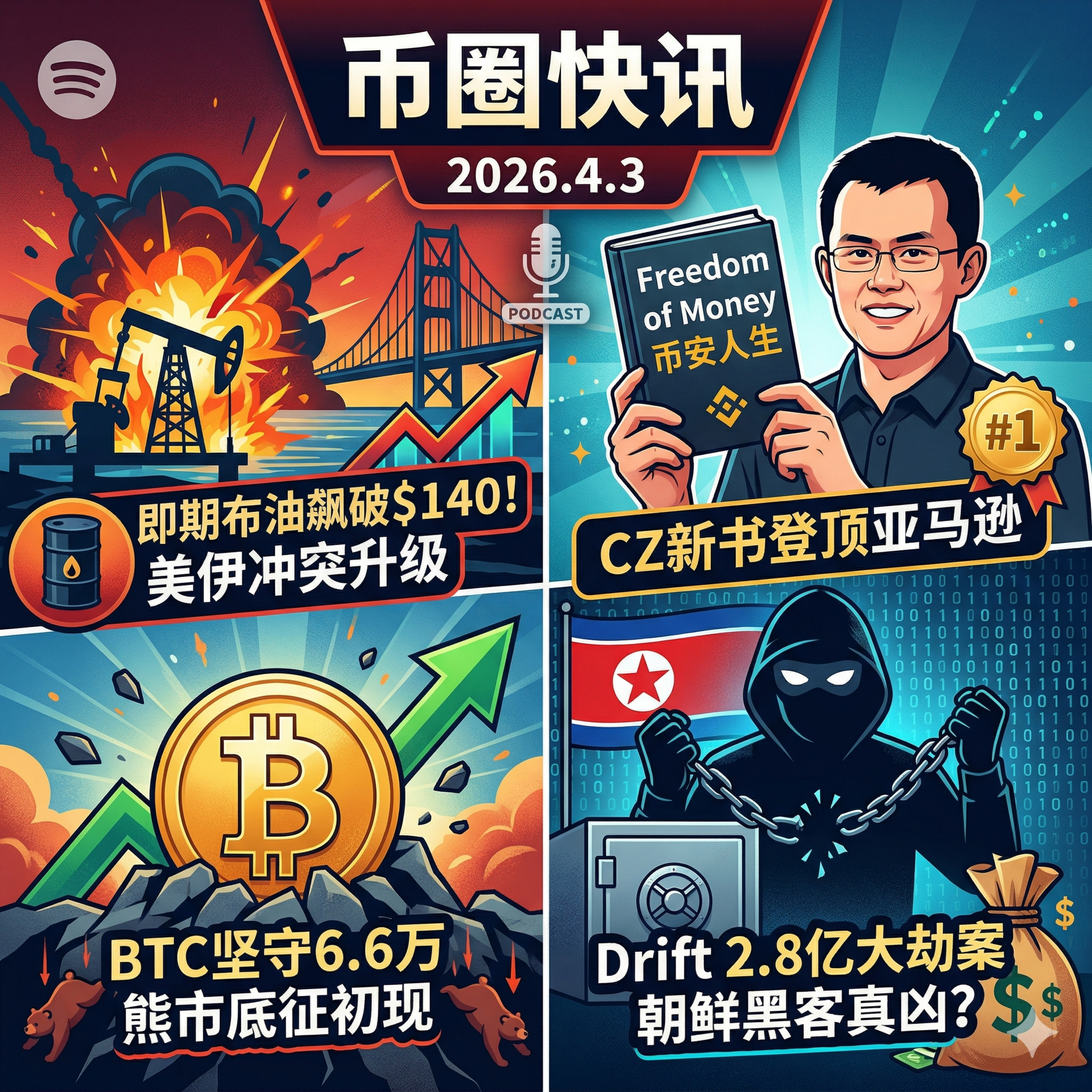 美伊冲突升级致即期布油飙破140美元！美国非农远超预期，BTC底征初现坚守6.6万，朝鲜黑客被指系Drift大劫案真凶，CZ新书登顶亚马逊 episode artwork