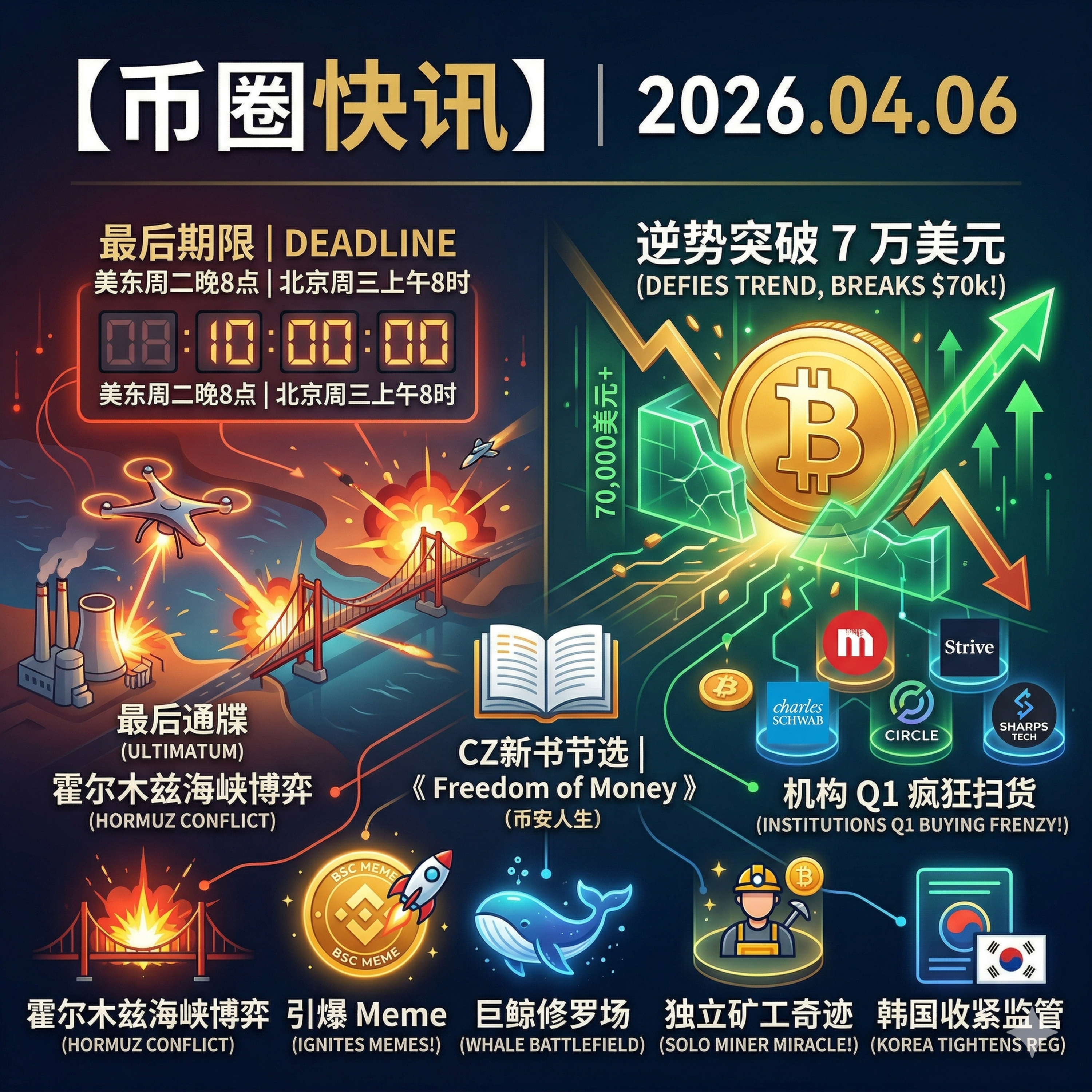 特朗普下达轰炸最后通牒！BTC逆势突破7万美元，机构Q1疯狂扫货，嘉信理财进军现货，CZ新书节选引爆Meme episode artwork