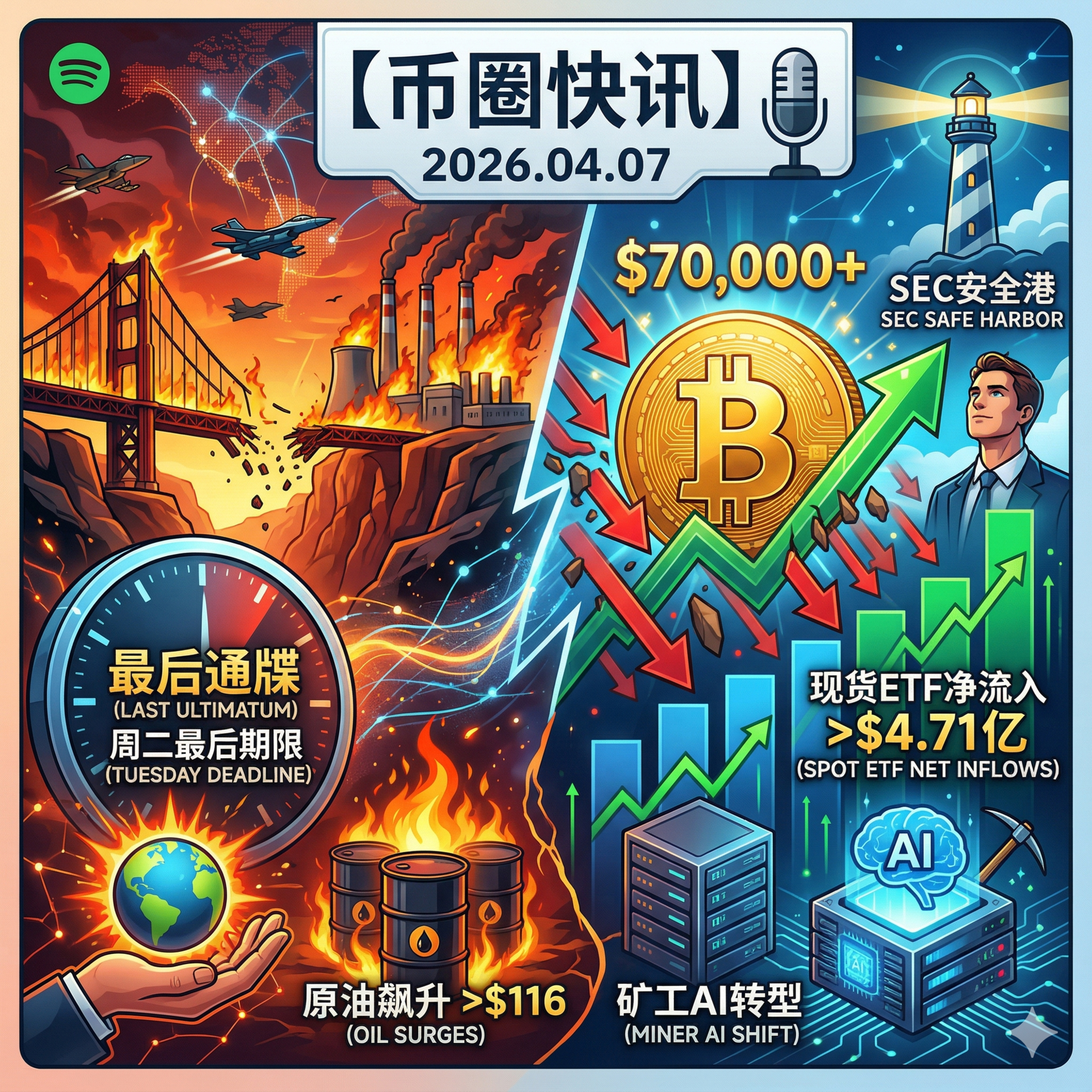 特朗普下达“最后通牒”战云密布，原油飙升！BTC逆势突破7万，现货ETF狂吸金近6亿美元，矿工加速大逃亡转向AI，美SEC拟推加密“安全港”新规 episode artwork