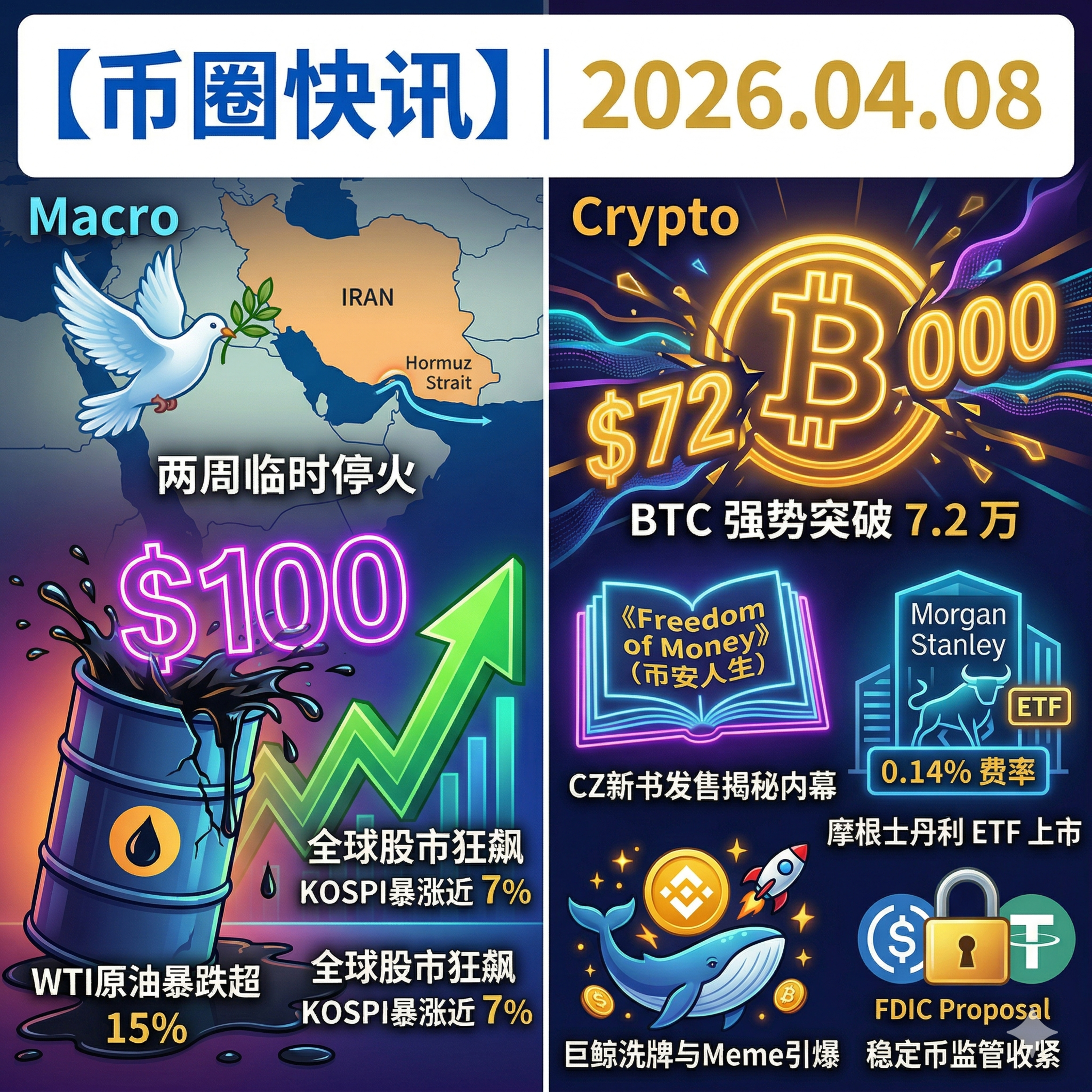 美伊达成两周停火协议！原油暴跌15%全球股市狂飙，BTC强势突破7.2万，摩根士丹利现货ETF挂牌上市，CZ新书揭秘FTX内幕引爆同名Meme episode artwork