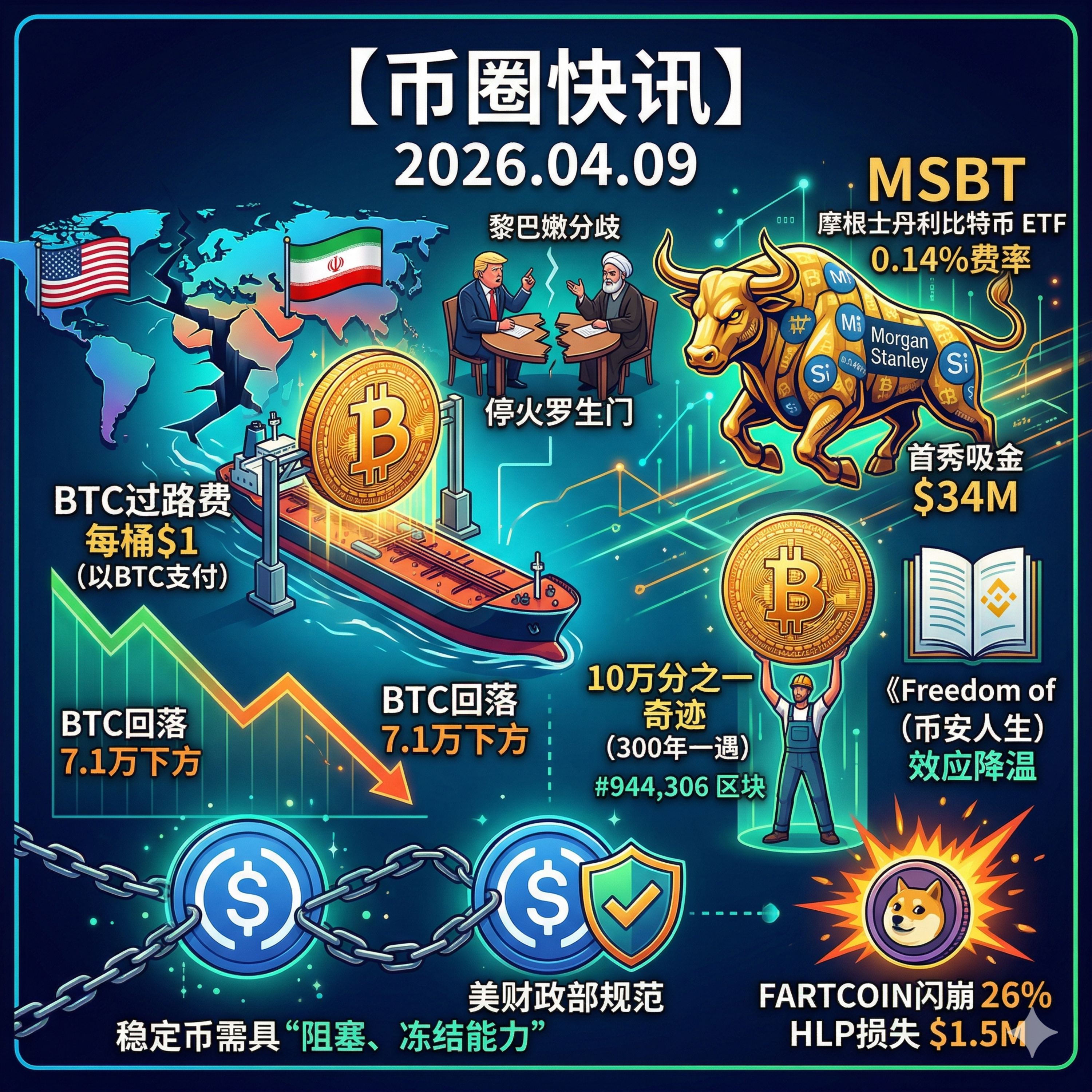 美伊谈判陷“罗生门”，停火前夜惊现9.5亿原油内幕交易！BTC回落7.1万，摩根士丹利现货ETF挂牌吸金，美财政部出手要求稳定币必须具备“冻结功能” episode artwork