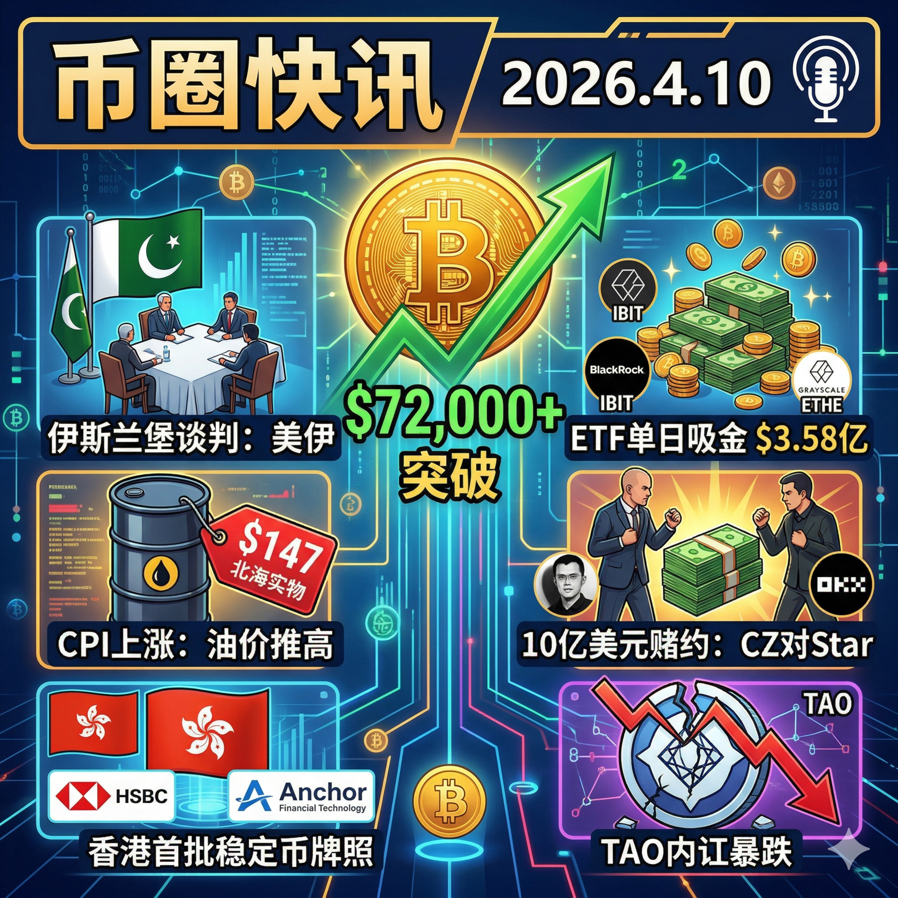 美伊代表团赴巴基斯坦世纪谈判，油价推高美国CPI！BTC强势突破7.2万，香港发放大行稳定币牌照，CZ抛10亿美元赌约硬刚OKX Star，Bittensor(TAO)陷去中心化内讧暴跌 episode artwork