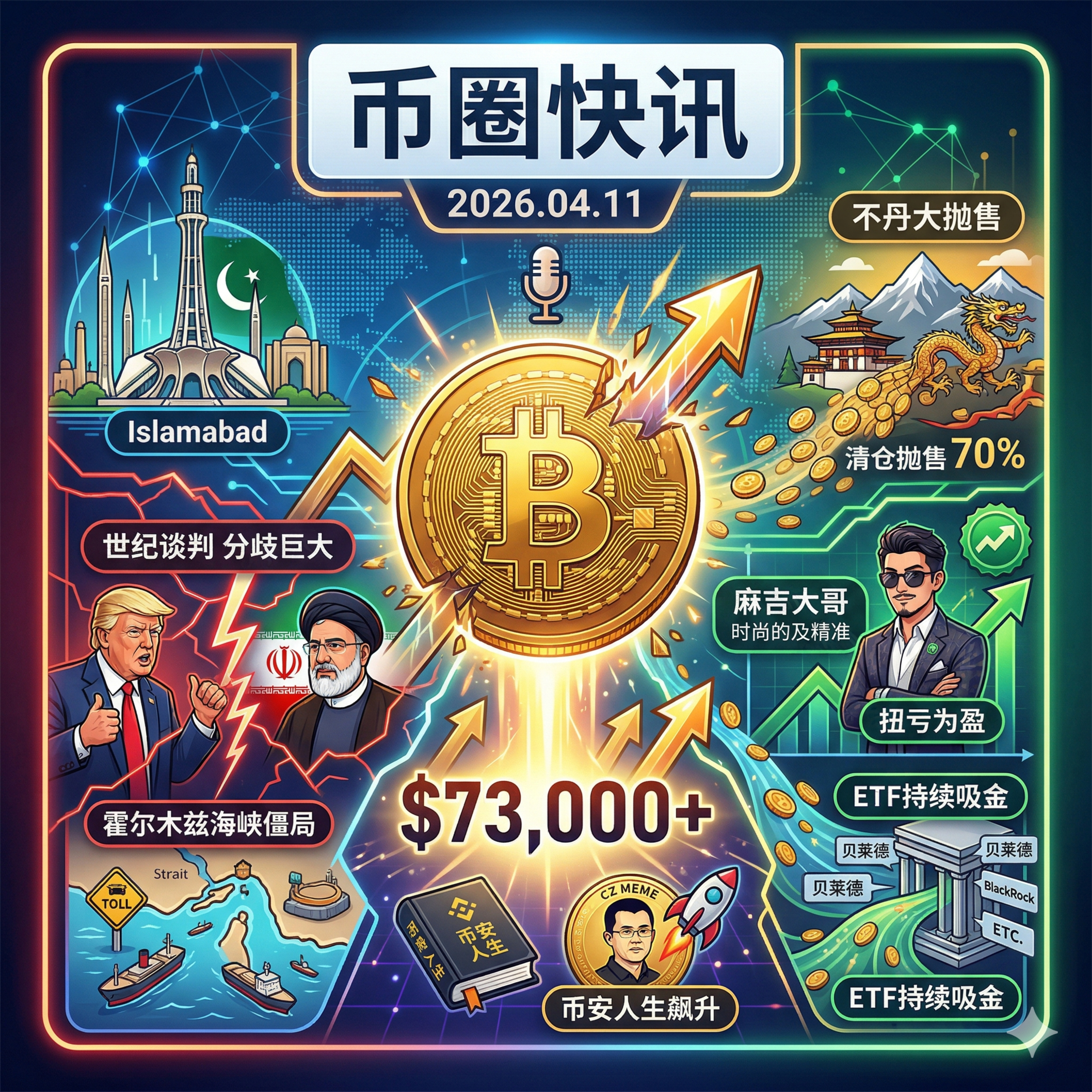 美伊伊斯兰堡世纪谈判底线交锋！通胀反弹无碍BTC强势突破7.3万，麻吉大哥滚仓终扭亏，不丹主权清仓70%比特币，OpenAI创始人住所遭燃烧瓶袭击 episode artwork