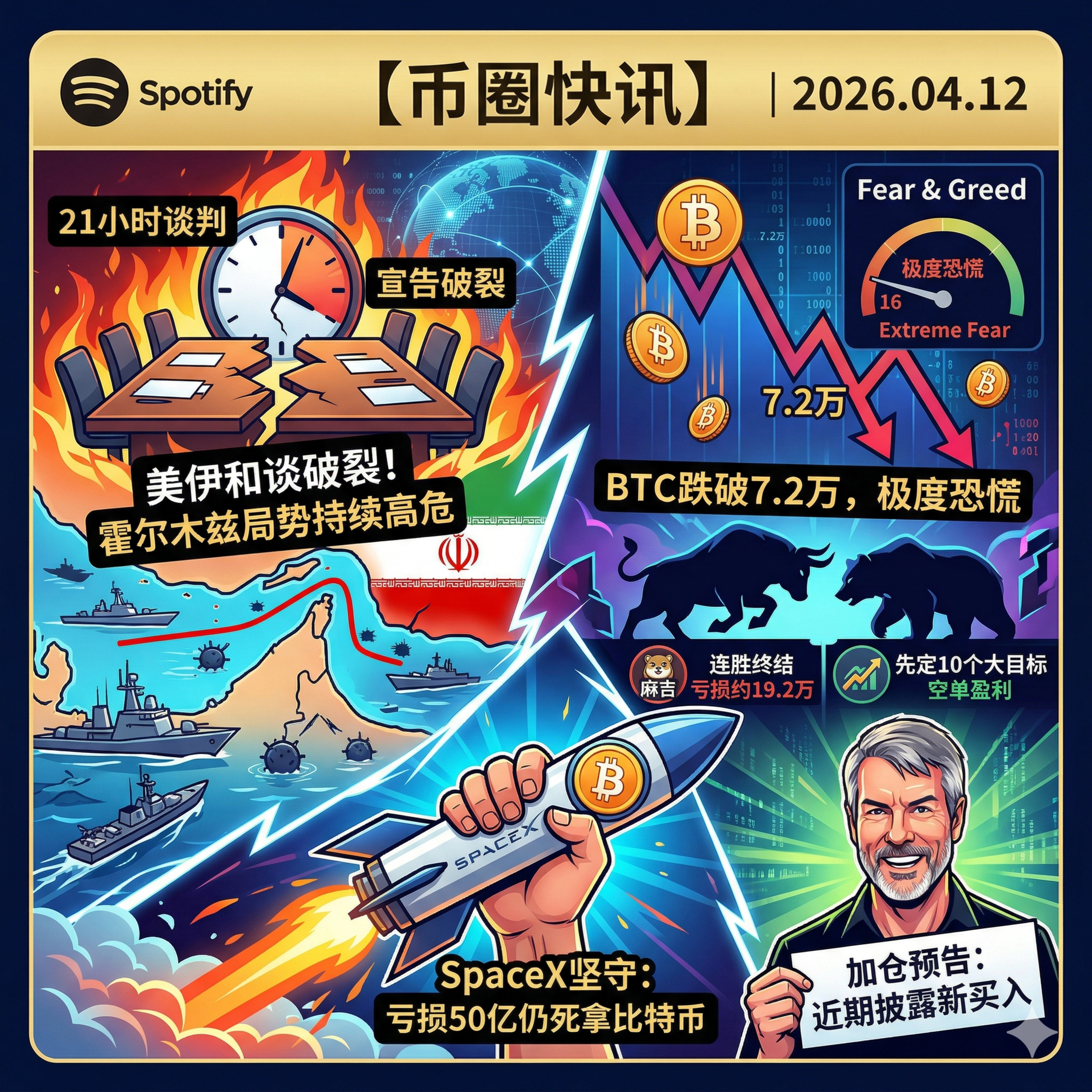 美伊21小时谈判宣告破裂！BTC受挫跌破7.2万，“麻吉”终结13连胜，Saylor预告继续加仓，SpaceX巨亏50亿仍死拿比特币 episode artwork