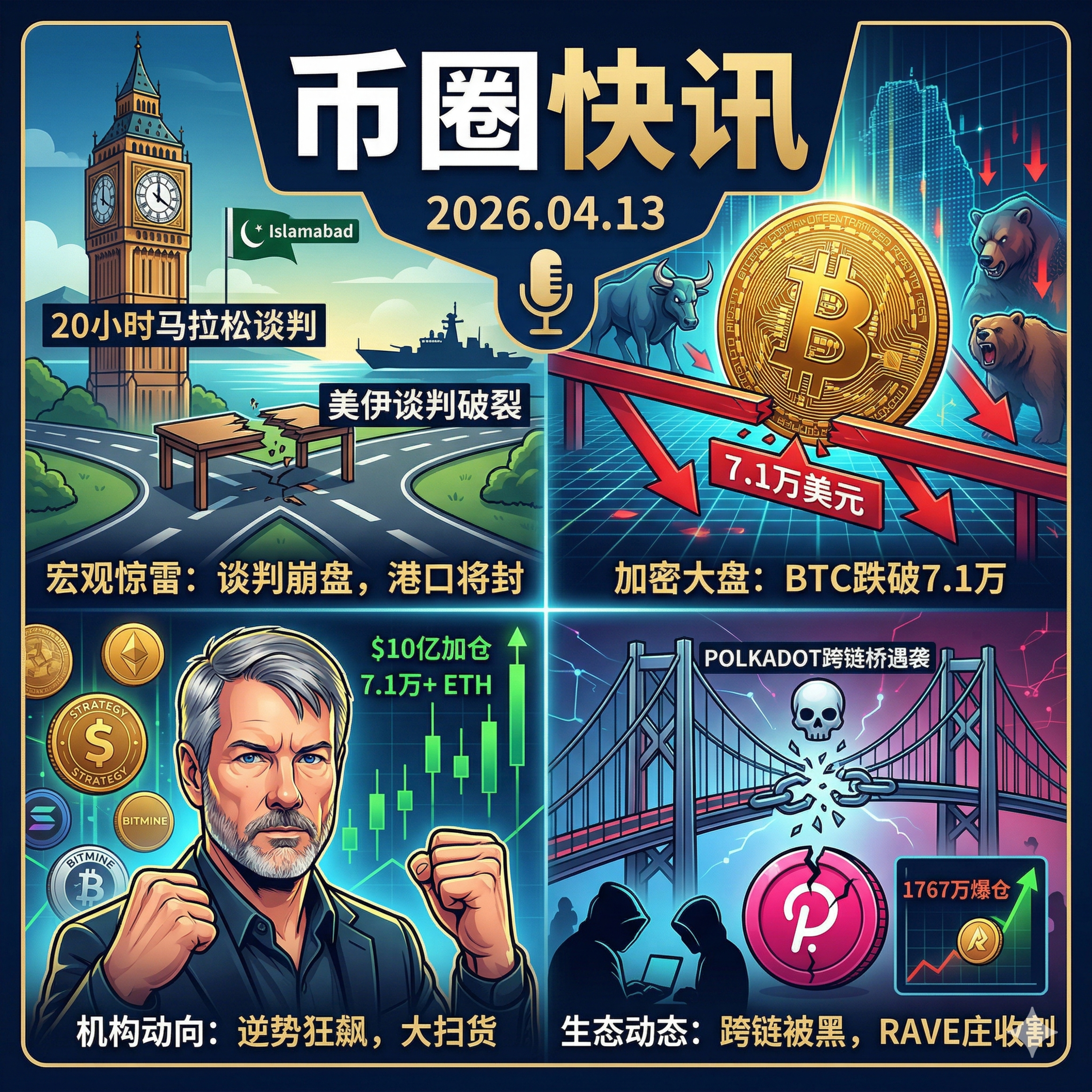 美伊20小时世纪谈判破裂，美军今晚封锁伊朗港口！原油跳空暴涨，BTC承压跌破7.1万，Strategy豪掷10亿买入BTC，波卡跨链桥遭黑客砸盘 episode artwork