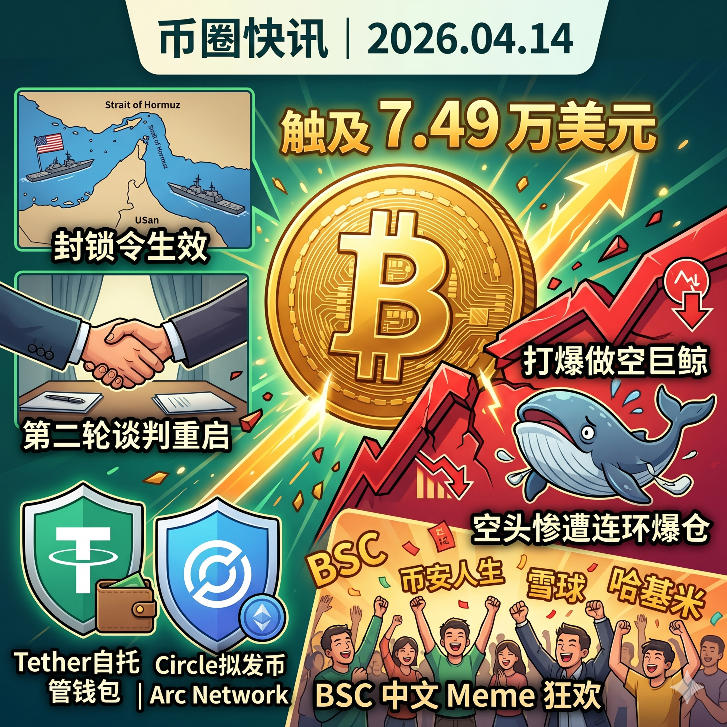 美伊酝酿第二轮谈判，海峡封锁重塑油价！BTC强势触及7.49万打爆空头，Tether推自托管钱包，Circle L1确认发币，BSC中文Meme狂欢“币安人生”市值破3亿 episode artwork