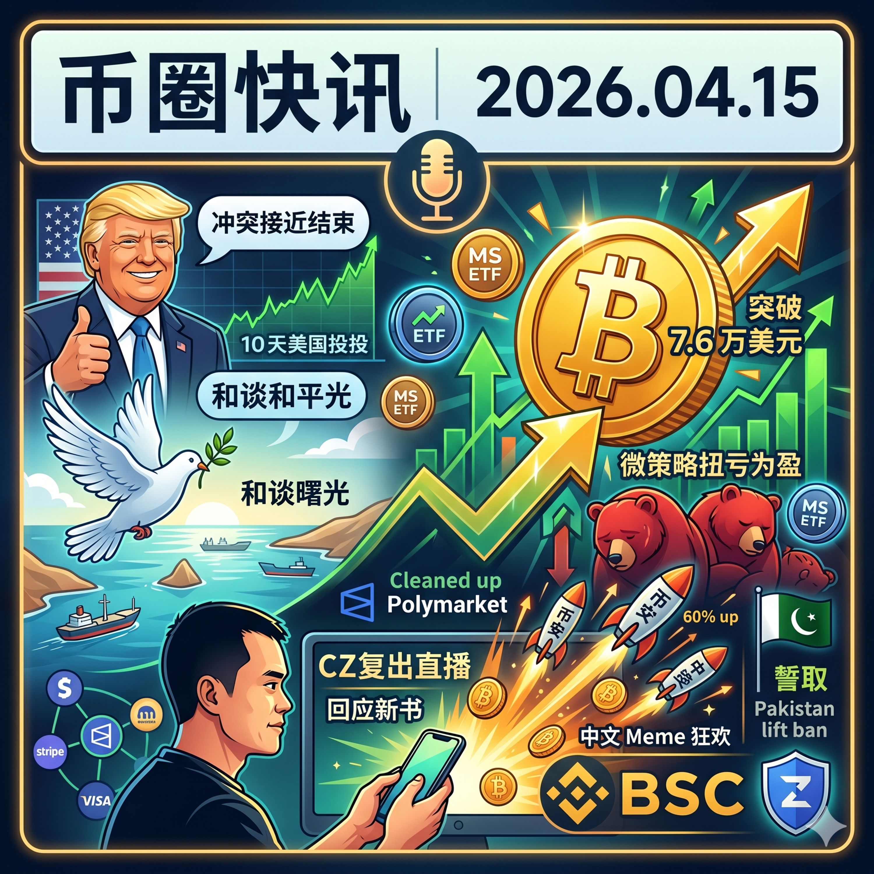 特朗普释放停战信号美股狂飙！BTC强势突破7.6万，微策略590亿持仓扭亏为盈，CZ开启直播首秀引爆“币安人生”，Kraken秘交IPO估值大缩水 episode artwork