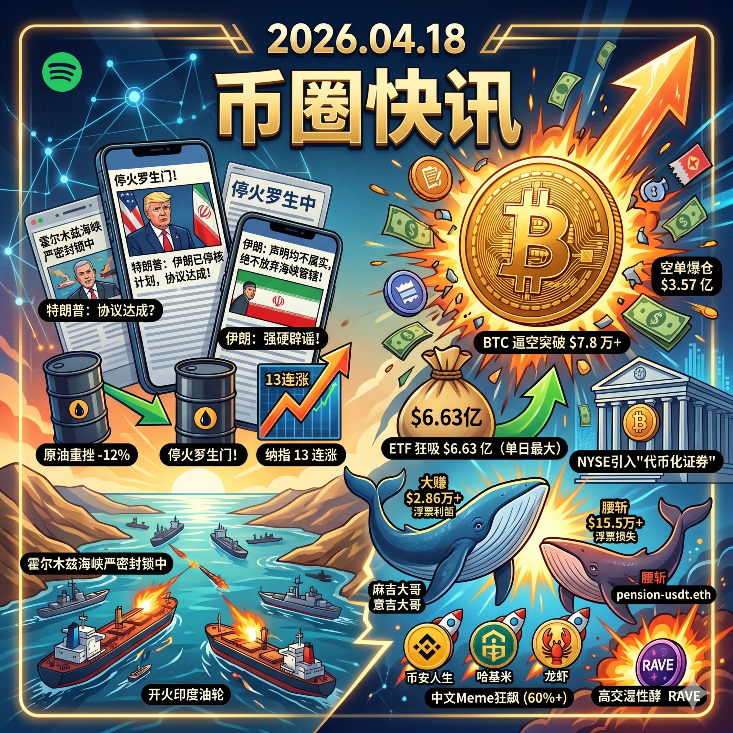 美伊“停火罗生门”致油价重挫！BTC上演史诗级逼空突破7.8万，现货ETF单日狂吸6.6亿，纽交所拟推代币化证券，“币安人生”创历史新高引爆Meme狂欢 episode artwork