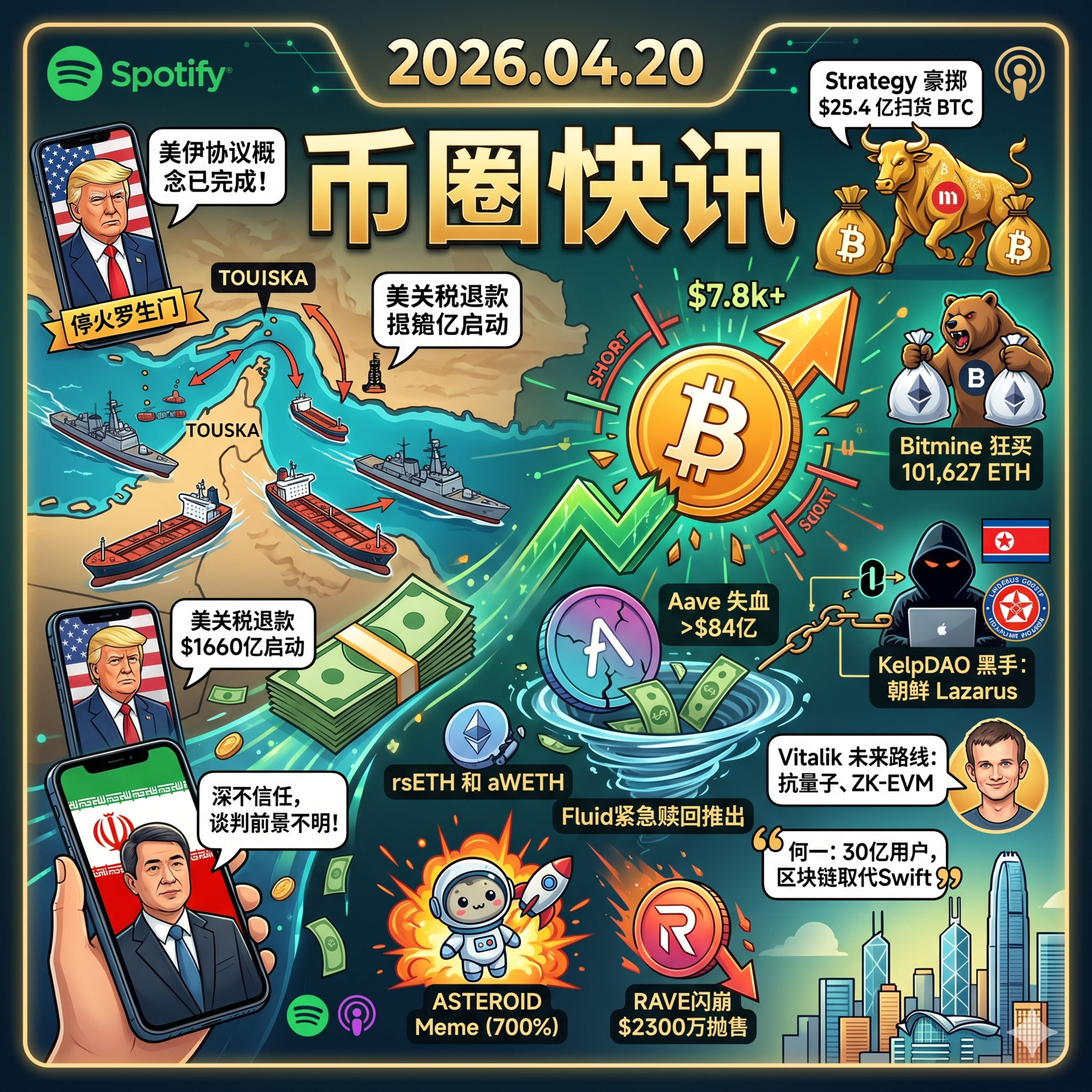 美伊“二谈”陷罗生门，海峡持续封锁！Strategy狂买25亿美元BTC，KelpDAO黑客系朝鲜Lazarus，Aave疯狂失血84亿，Vitalik公布以太坊五年路线图 episode artwork