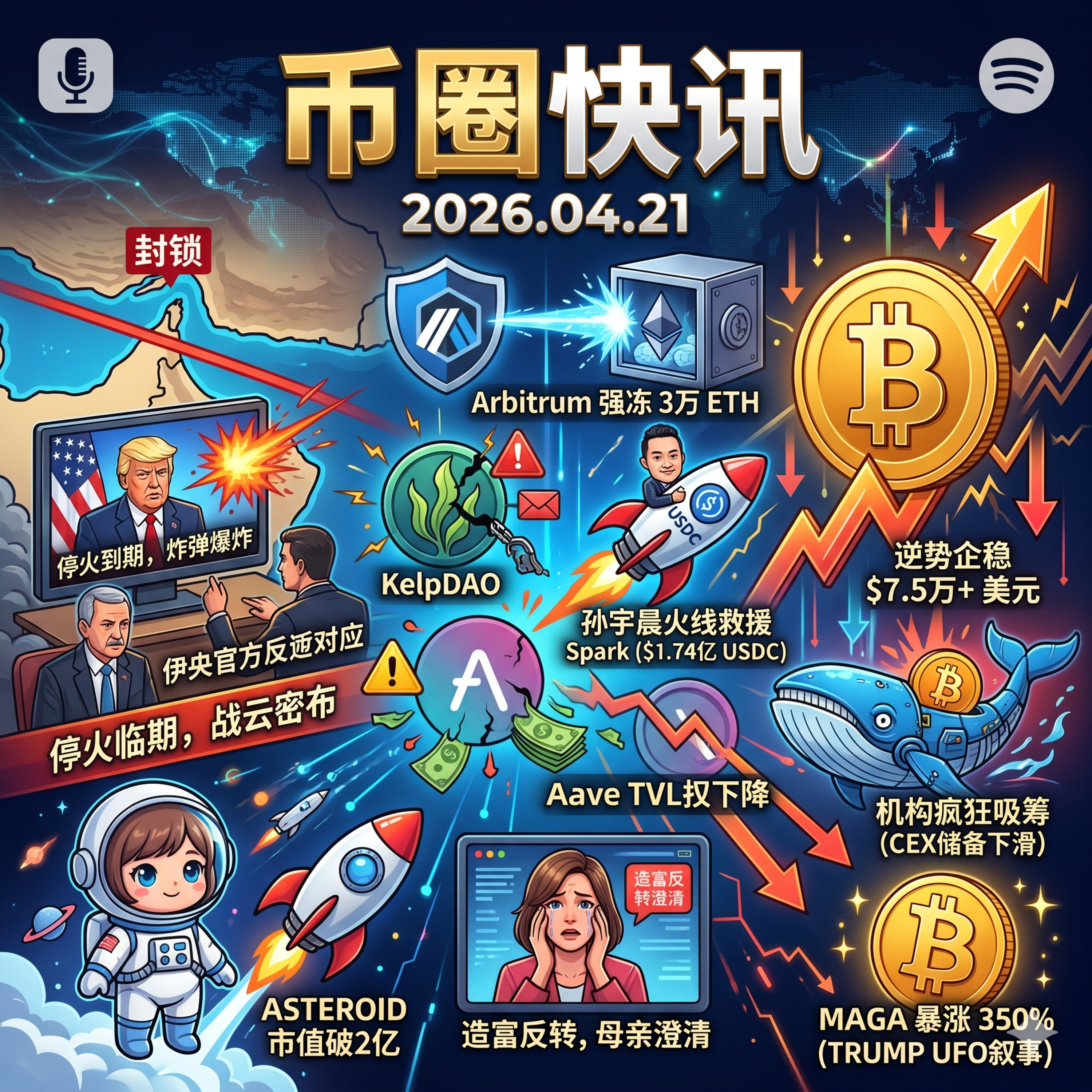 美伊停火临期战云密布！BTC逆势企稳机构疯狂吸筹，Arbitrum强冻KelpDAO黑客3万枚ETH，孙宇晨火线救援Spark，Meme币ASTEROID市值破2亿