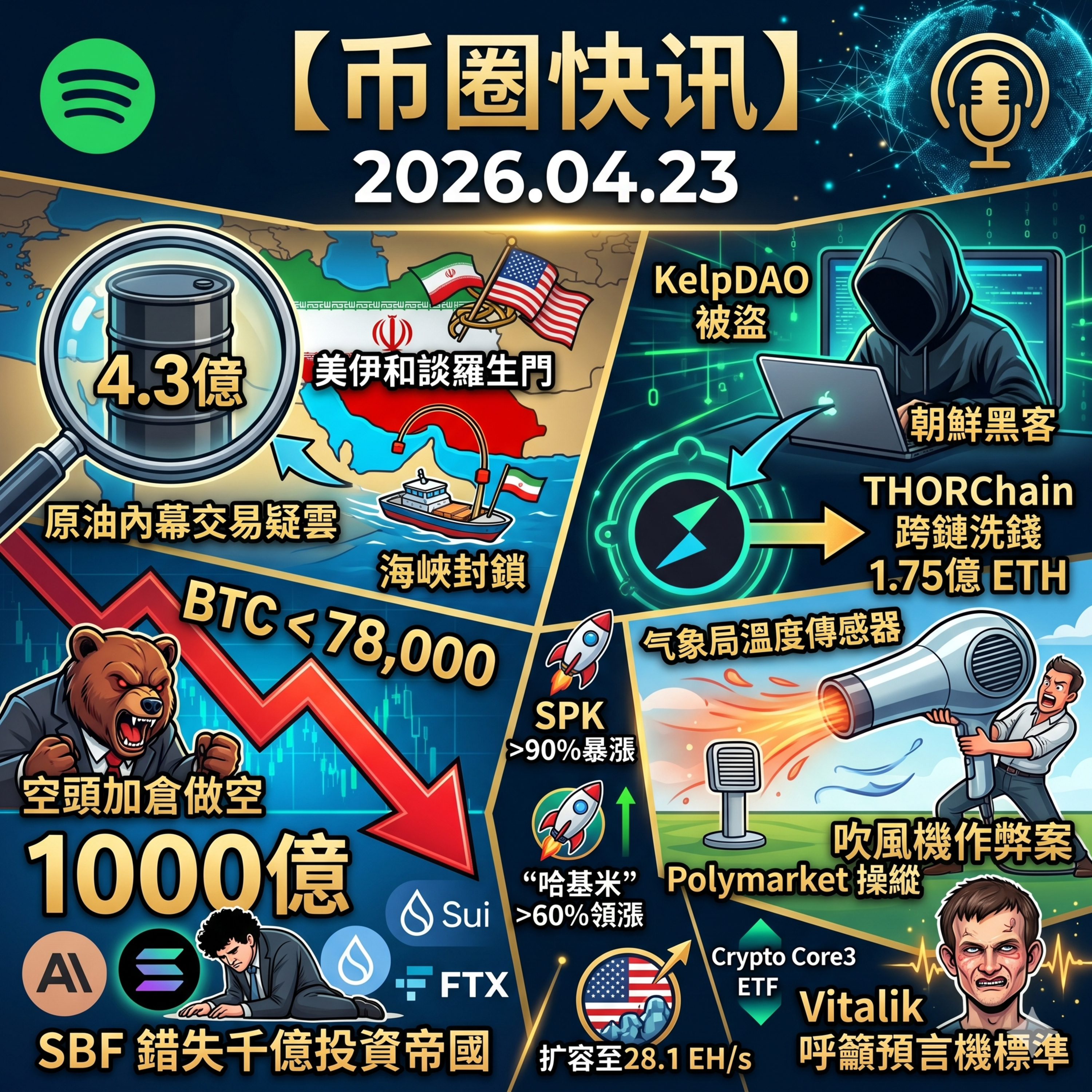 美伊和谈陷罗生门原油疑现内幕交易！BTC跌破7.8万空头加仓，KelpDAO黑客疯狂洗钱，吹风机作弊案惊动Vitalik，SBF错失千亿投资帝国
