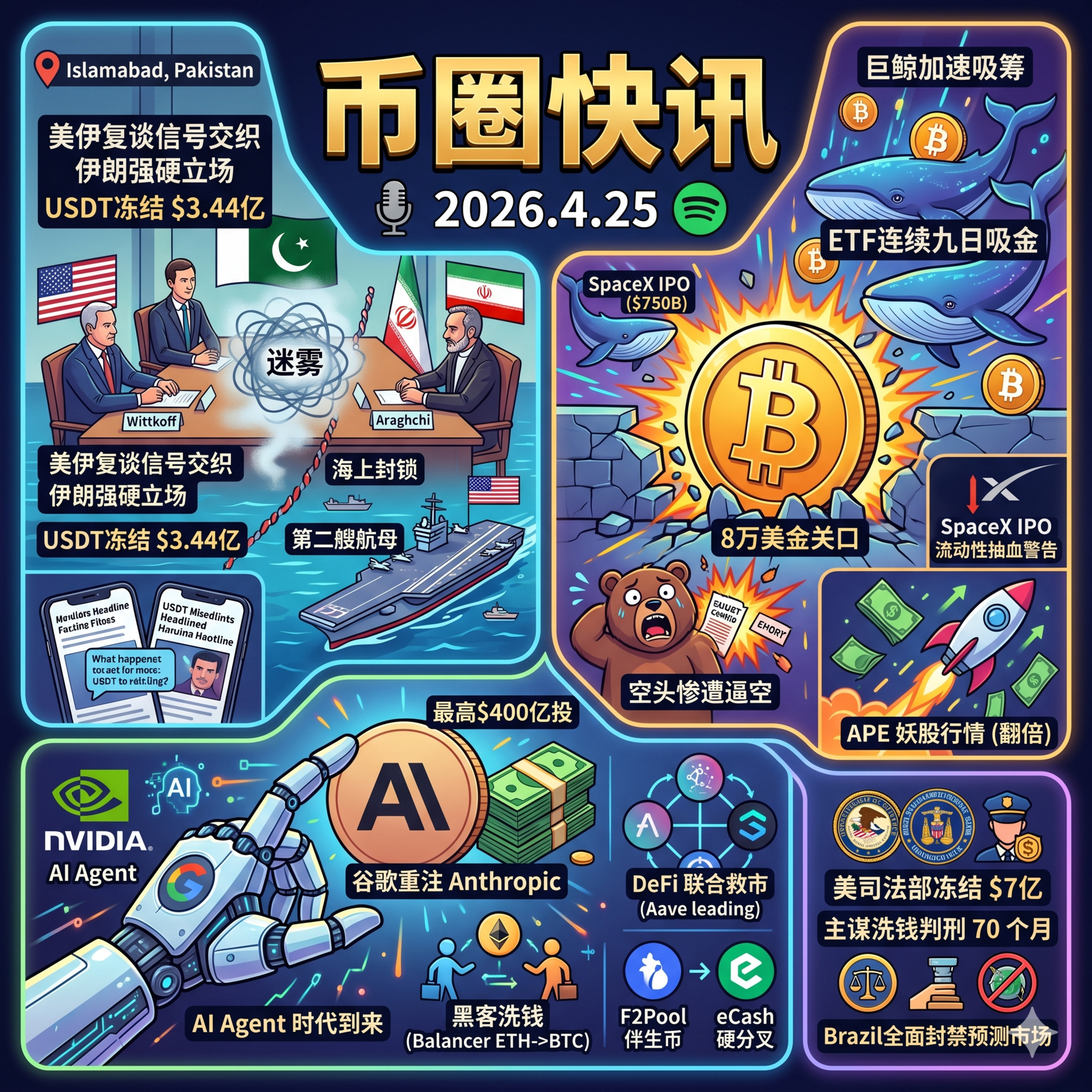 美伊伊斯兰堡复谈在即！美司法部终止鲍威尔调查，BTC巨鲸疯狂吸筹逼近8万，APE单日翻倍惊现老鼠仓，DeFi大救市筹集近7万枚ETH，谷歌400亿重注Anthropic episode artwork