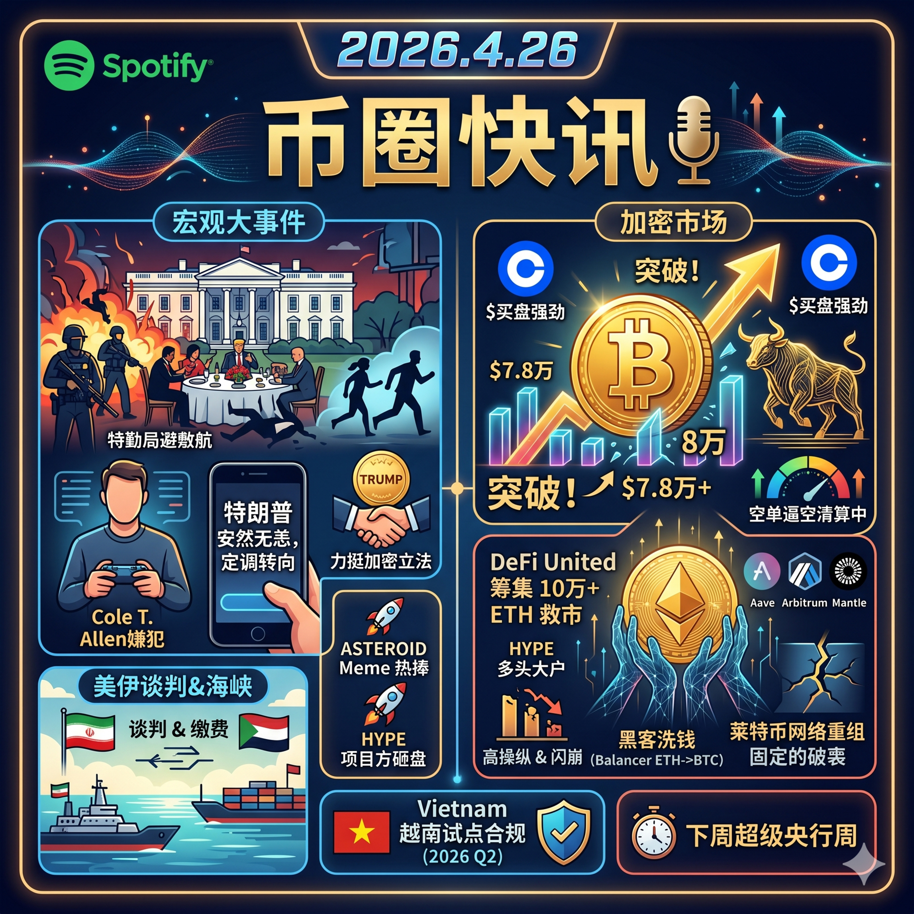 白宫晚宴突发枪击惊魂！特朗普安然无恙，BTC强势突破7.8万，DeFi大救市筹集十万枚ETH，下周迎超级央行周 episode artwork