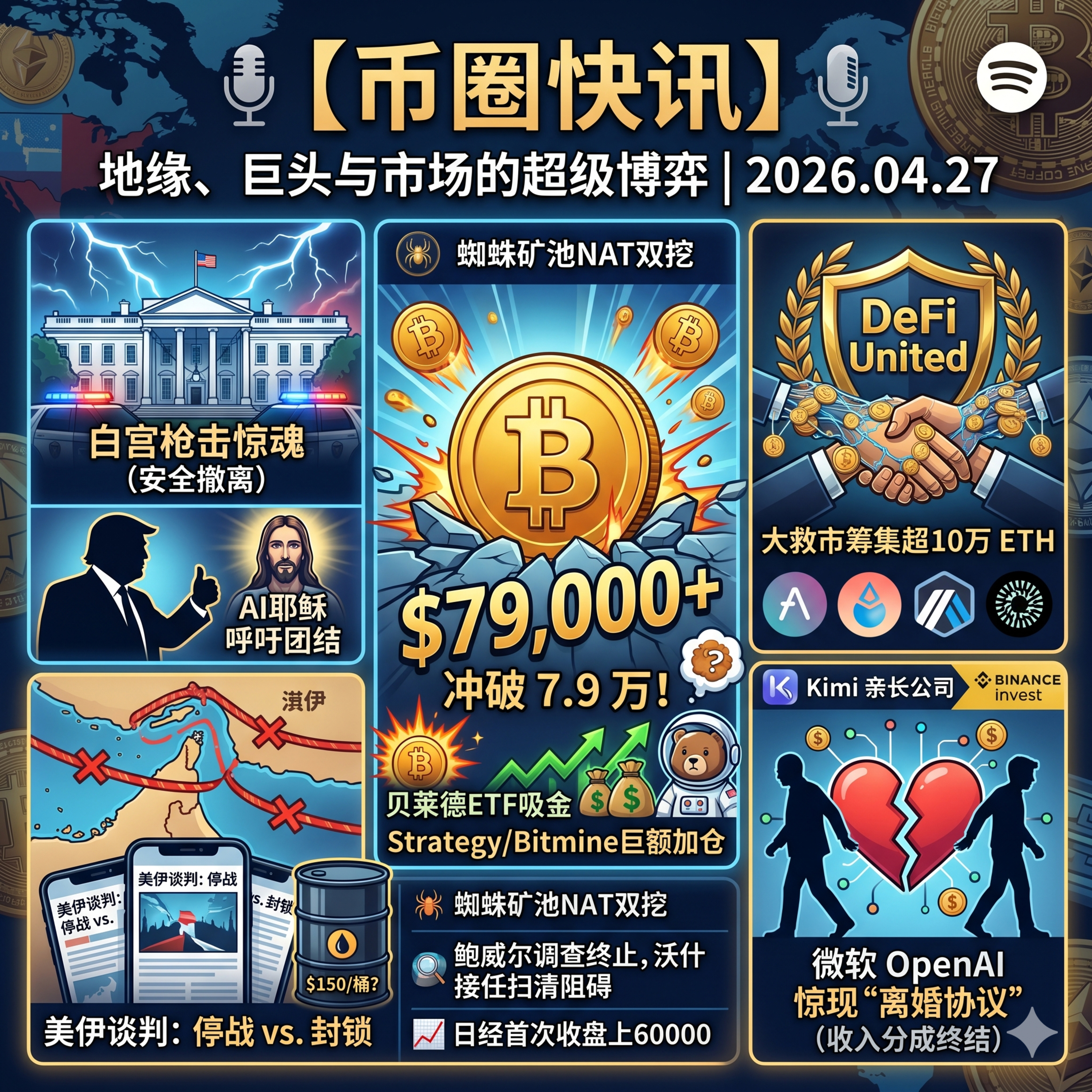 白宫晚宴枪击惊魂！BTC冲破7.9万贝莱德狂吸金，Strategy与Bitmine双双巨额加仓，DeFi大救市筹集十万ETH，微软OpenAI惊现“离婚协议”