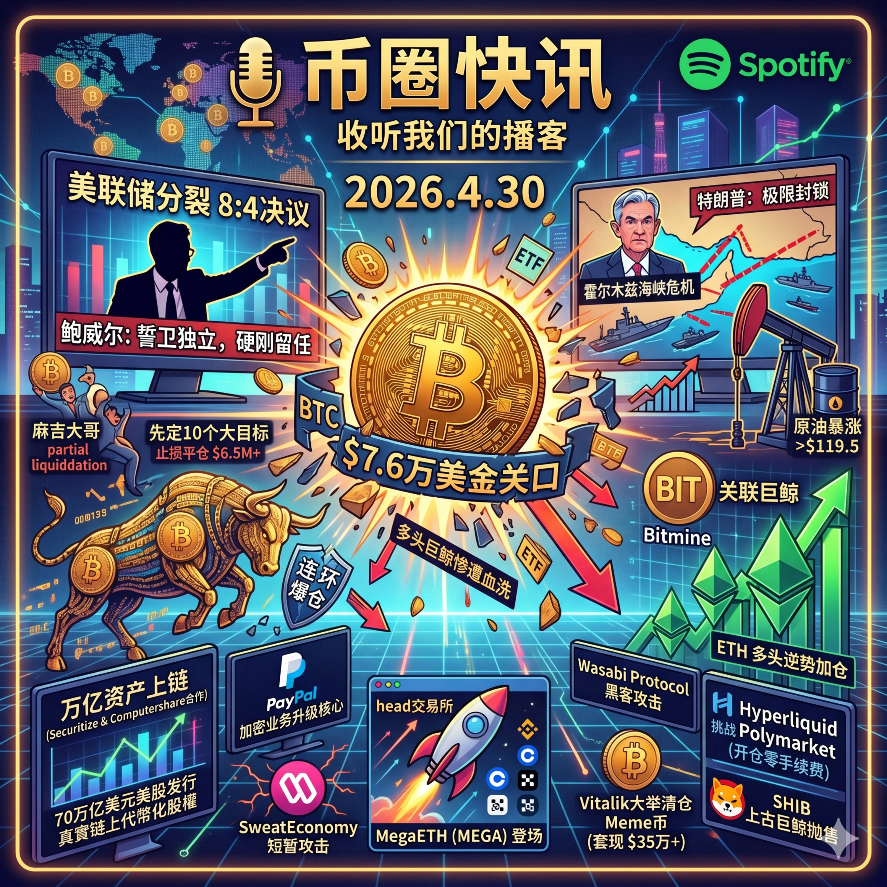 美联储罕见分裂鲍威尔硬刚留任！特朗普封锁海峡油价飙升，BTC跌破7.6万多头巨鲸爆仓单周巨亏，PayPal升格加密业务，MegaETH重磅首发，多国联合捣毁超大杀猪盘 episode artwork